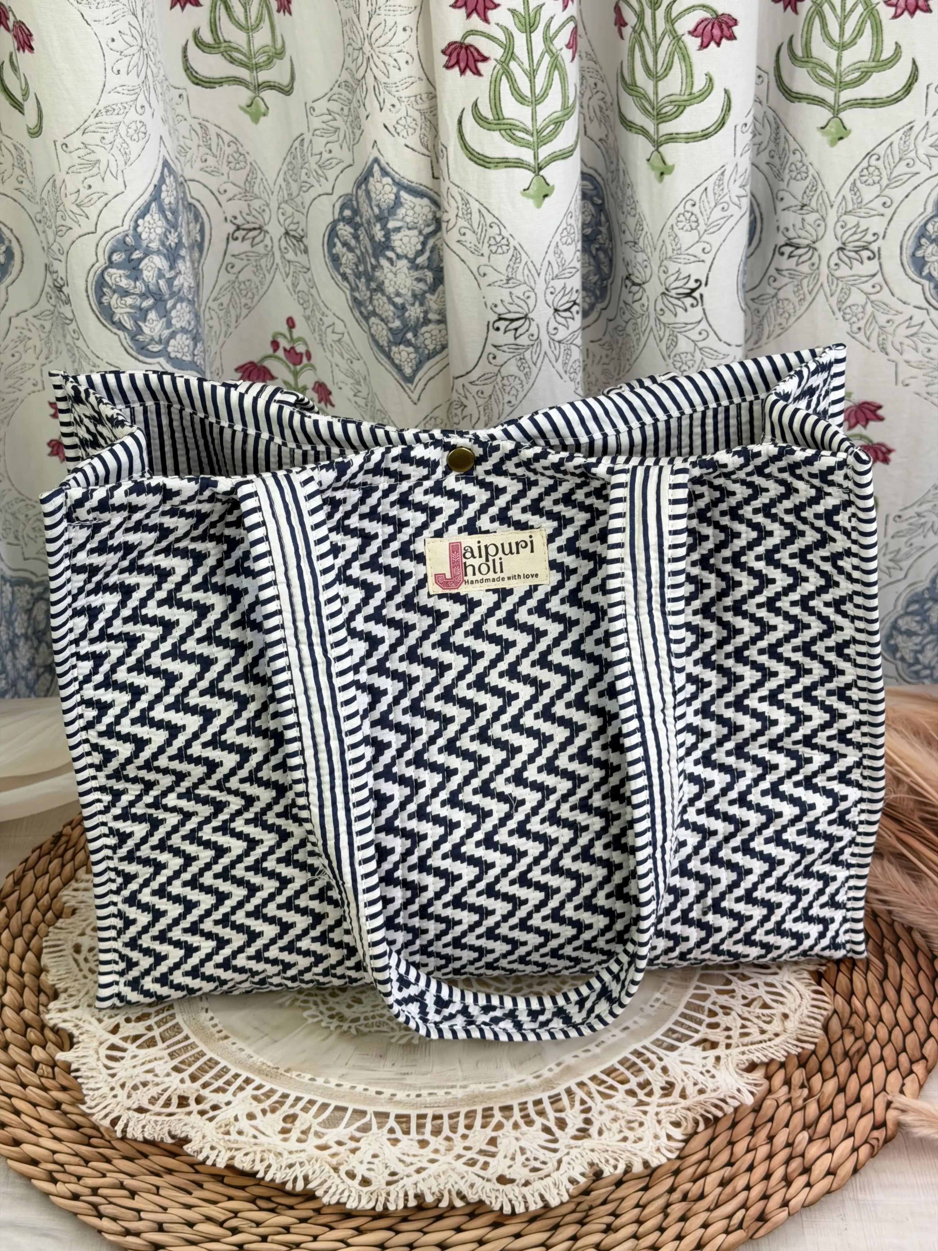 Jaipur Block Print Cotton Quilted Button Tote Bag - Blue and White Zigzag Geometric Print Front View