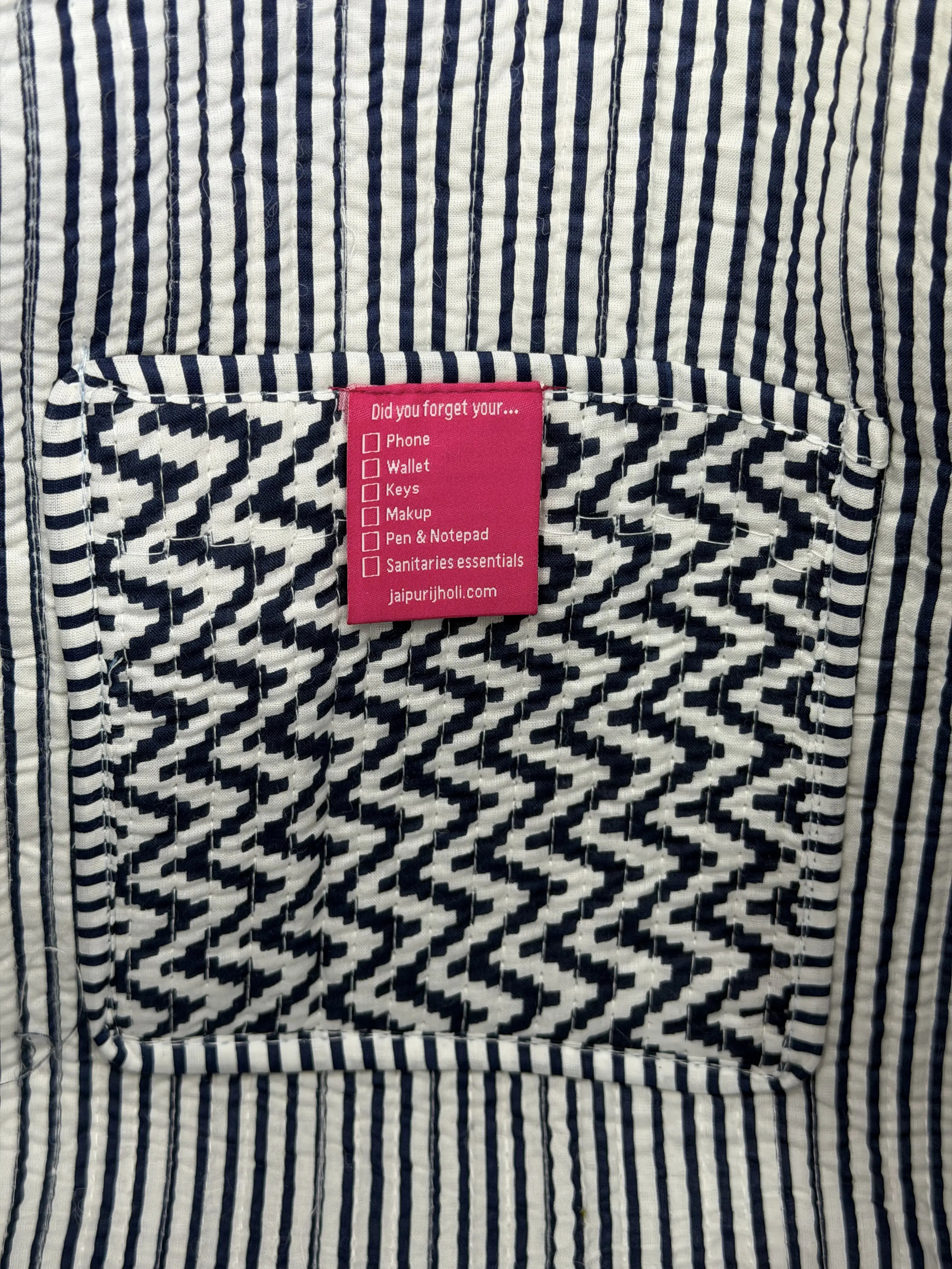 Jaipur Block Print Cotton Quilted Button Tote Bag - Blue and White Zigzag Geometric Print Interior View