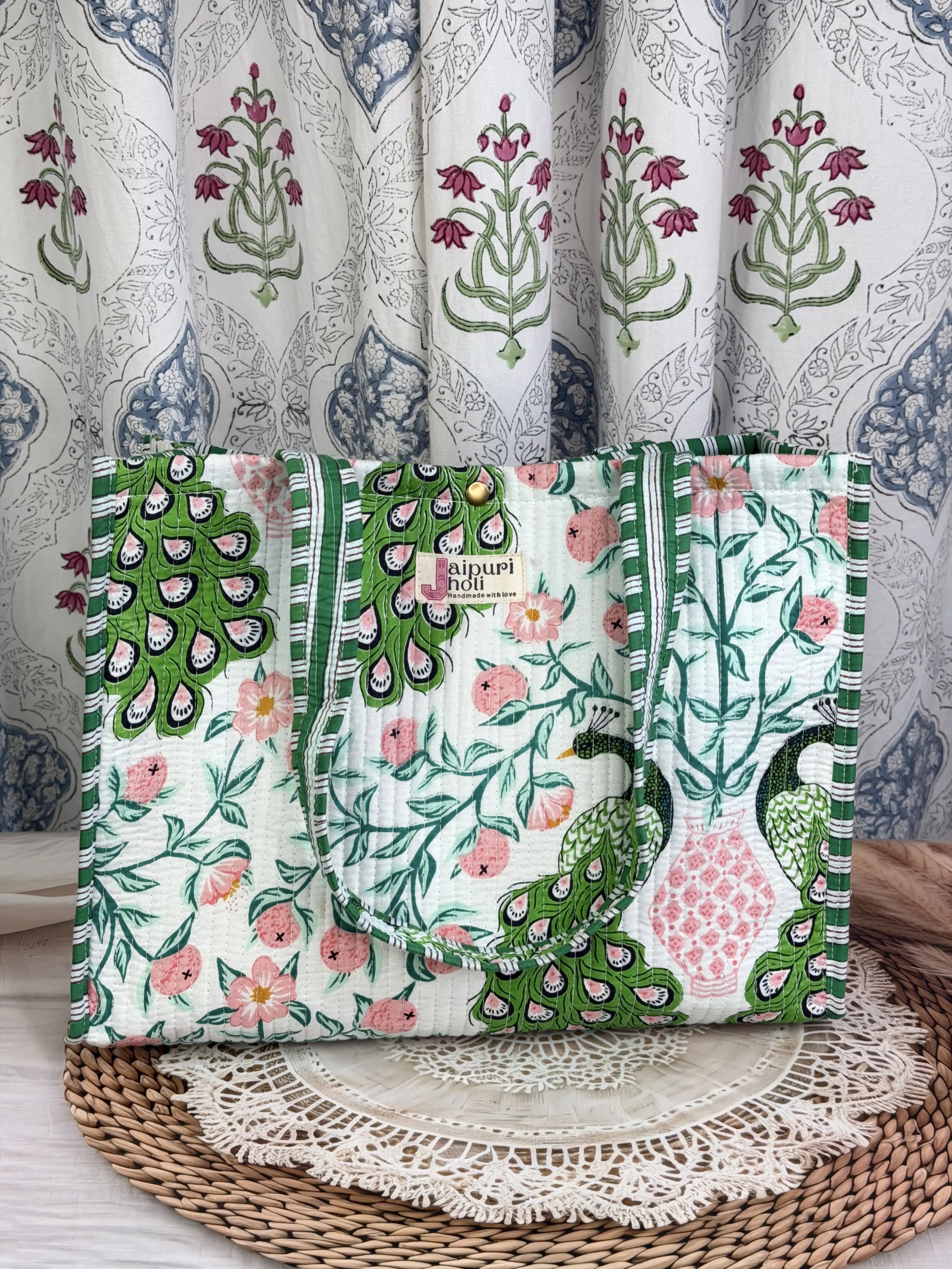 Jaipur Block Print Cotton Quilted Button Tote Bag - Green Pink Peacock Print Front View