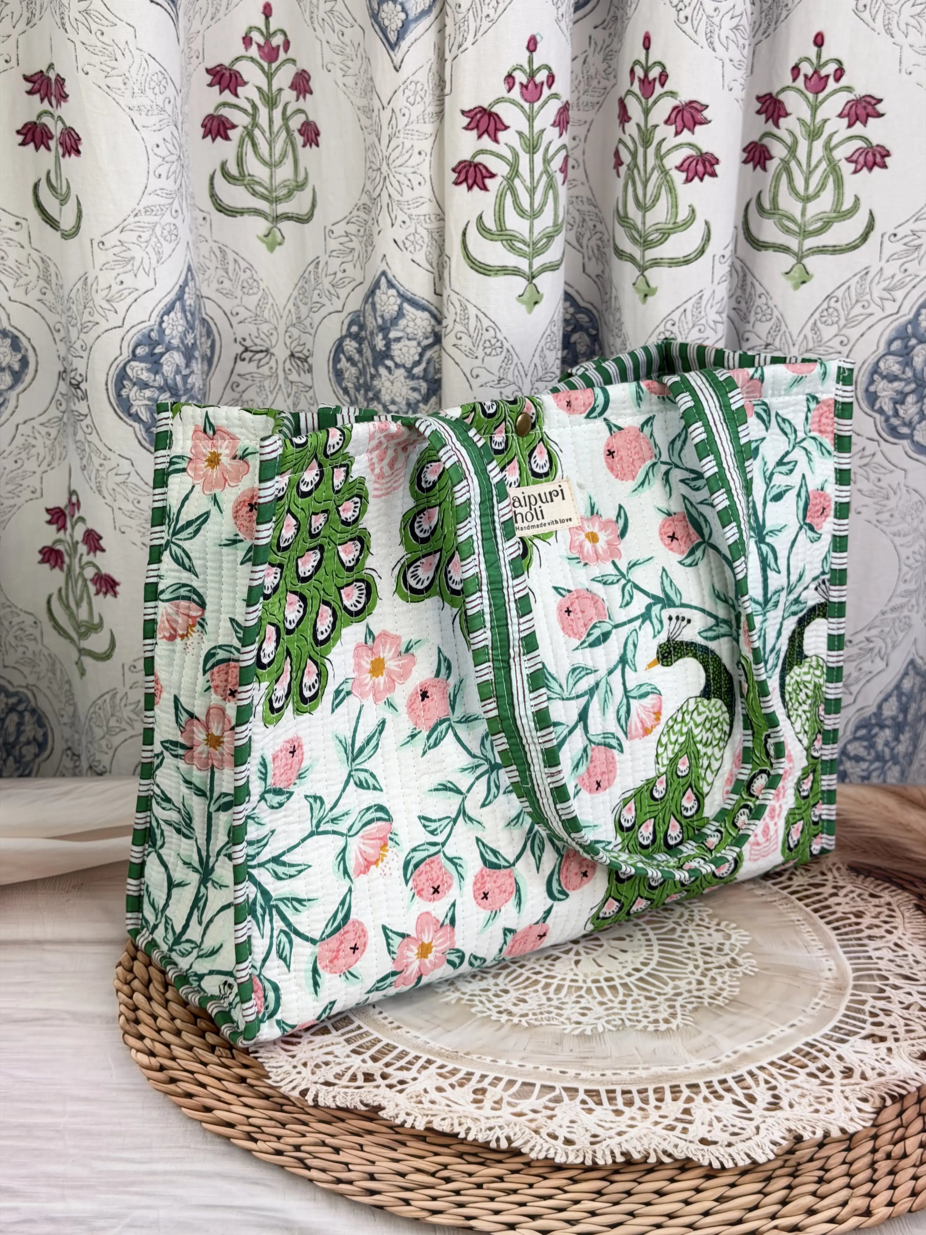Jaipur Block Print Cotton Quilted Button Tote Bag - Green Pink Peacock Print Close-UP View