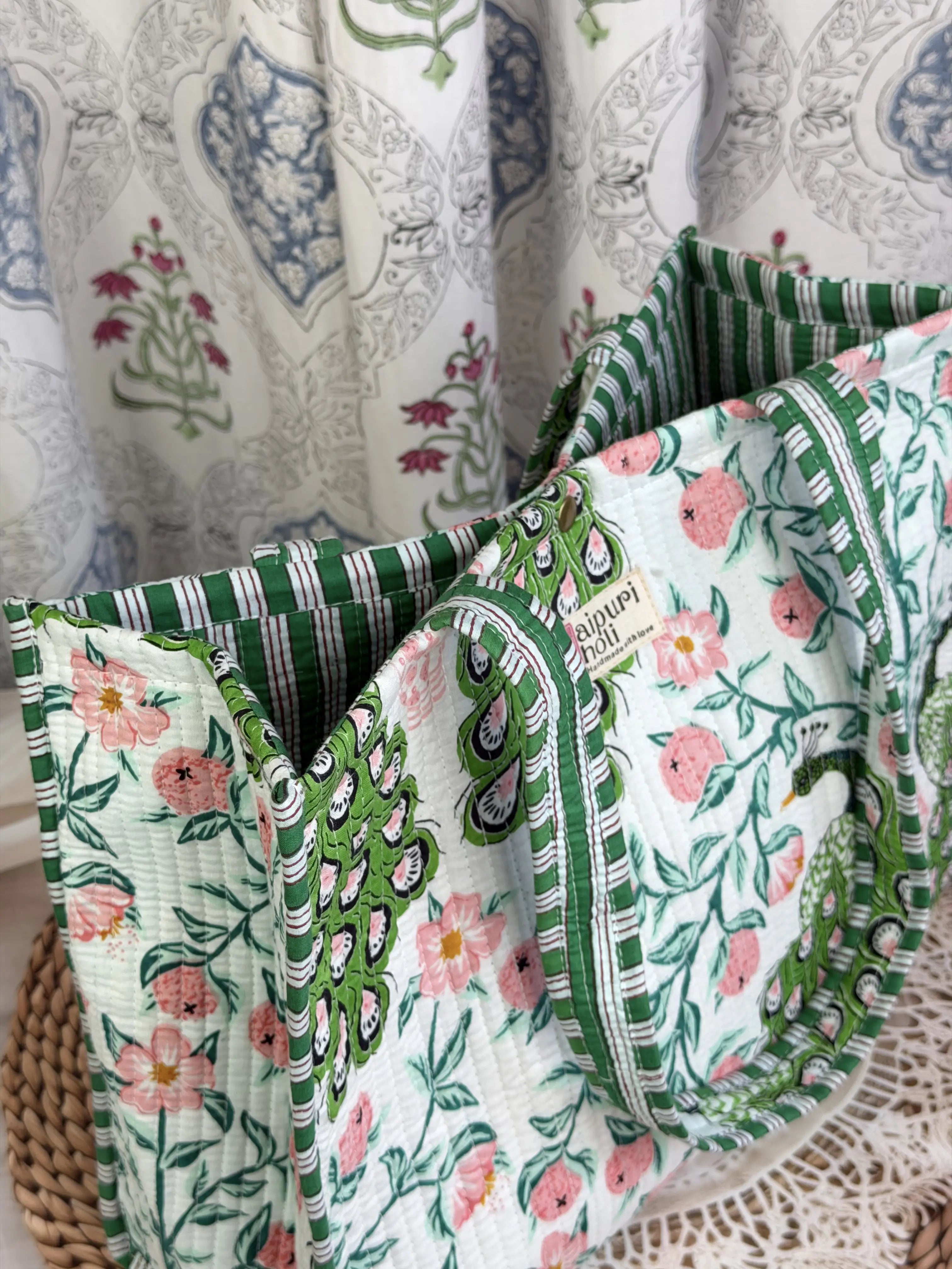 Jaipur Block Print Cotton Quilted Button Tote Bag - Green Pink Peacock Print Side View