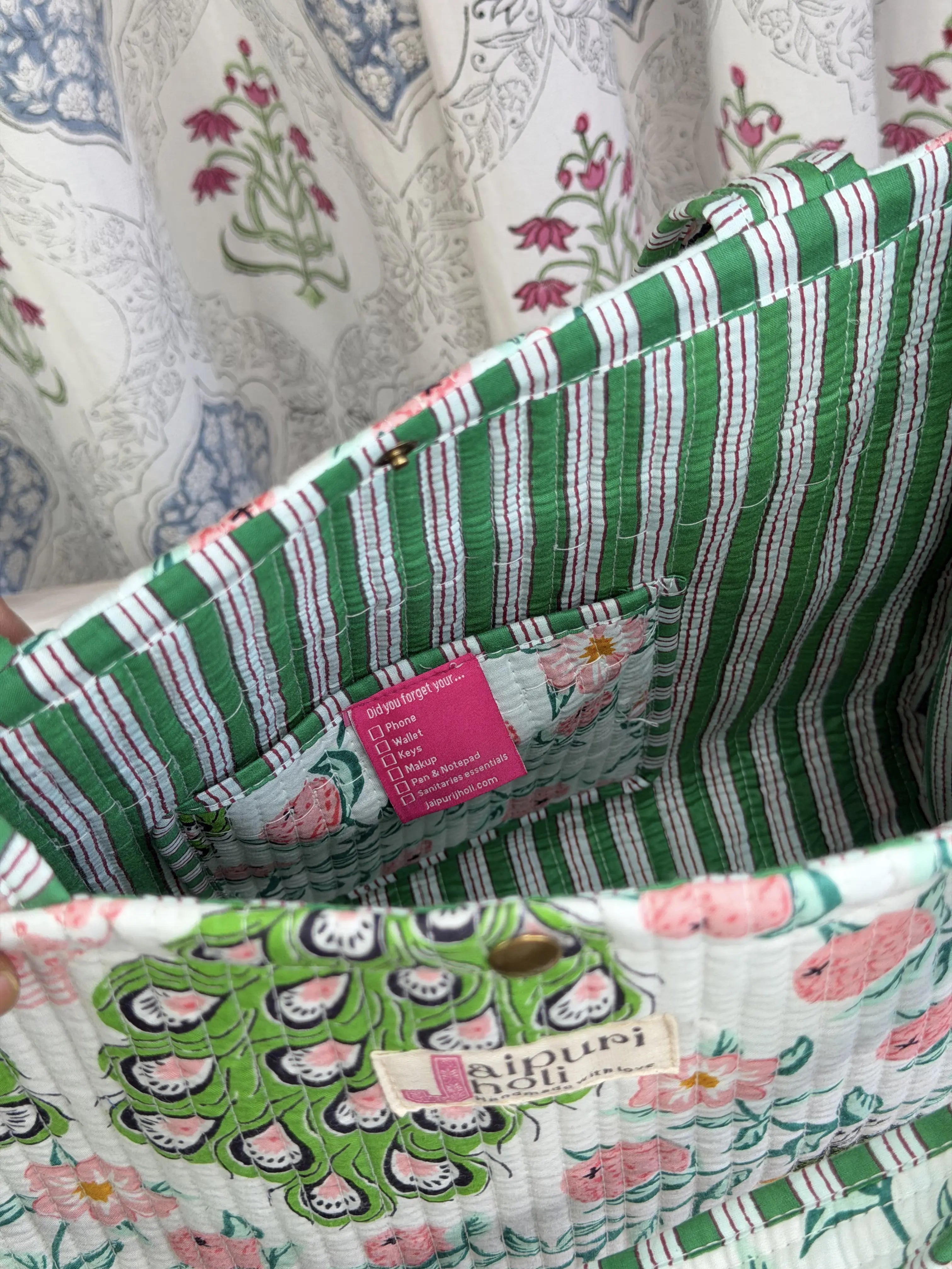 Jaipur Block Print Cotton Quilted Button Tote Bag - green pink peacock Print Interior View