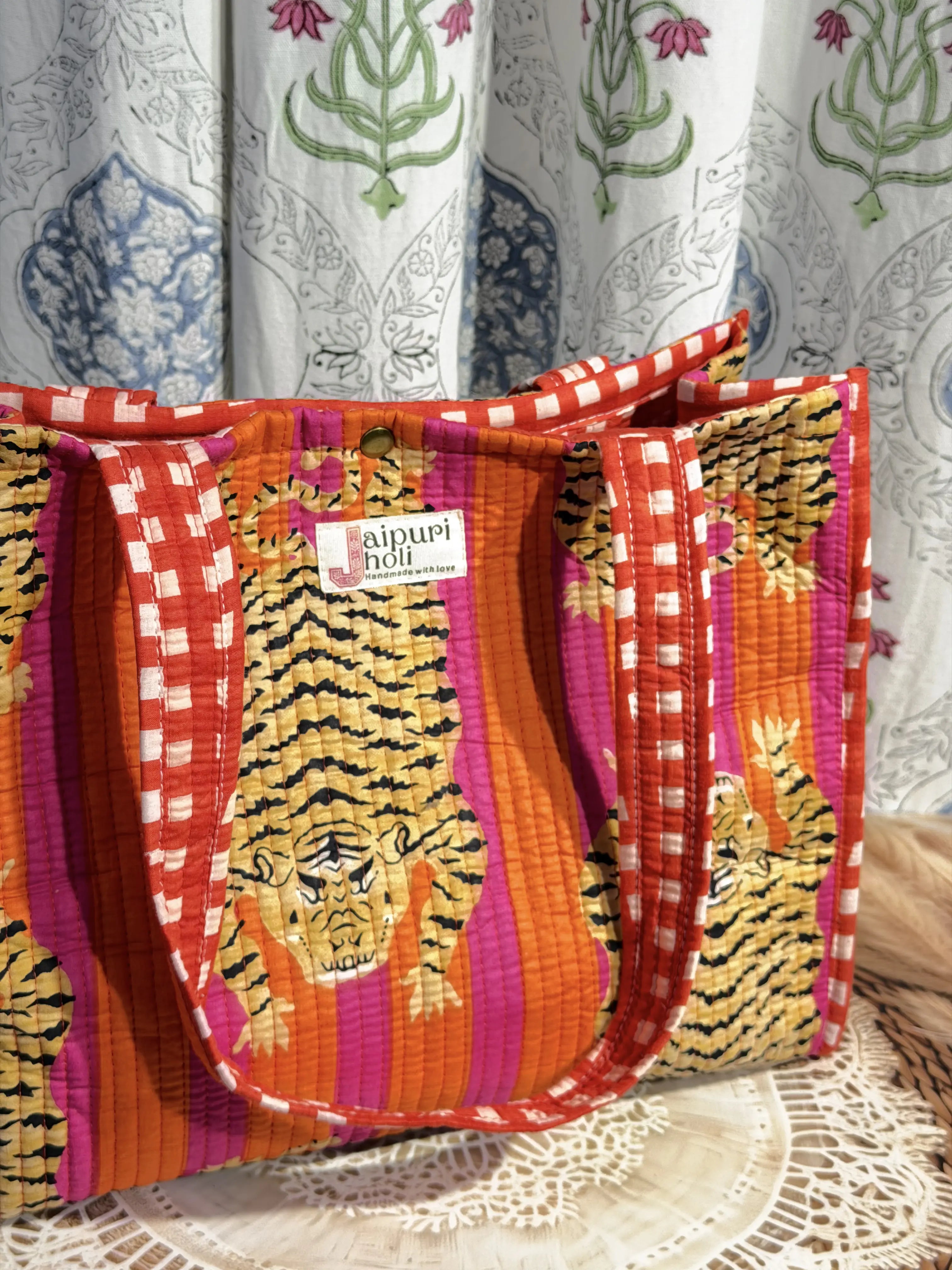 Jaipur Block Print Cotton Quilted Button Tote Bag - Orange and Pink Tiger Animal Print Front View