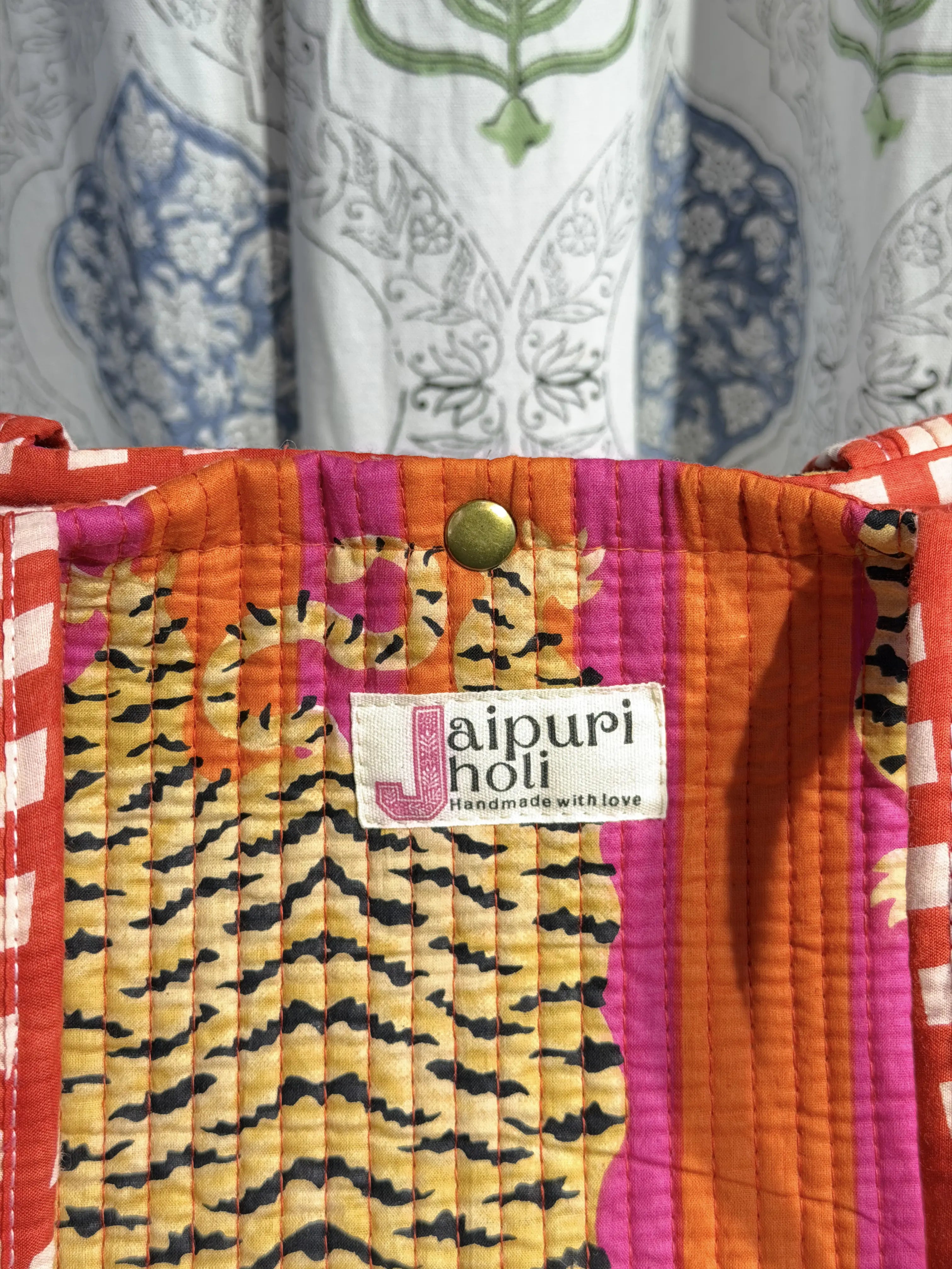 Jaipur Block Print Cotton Quilted Button Tote Bag - Orange and Pink Tiger Animal Print Close-UP View