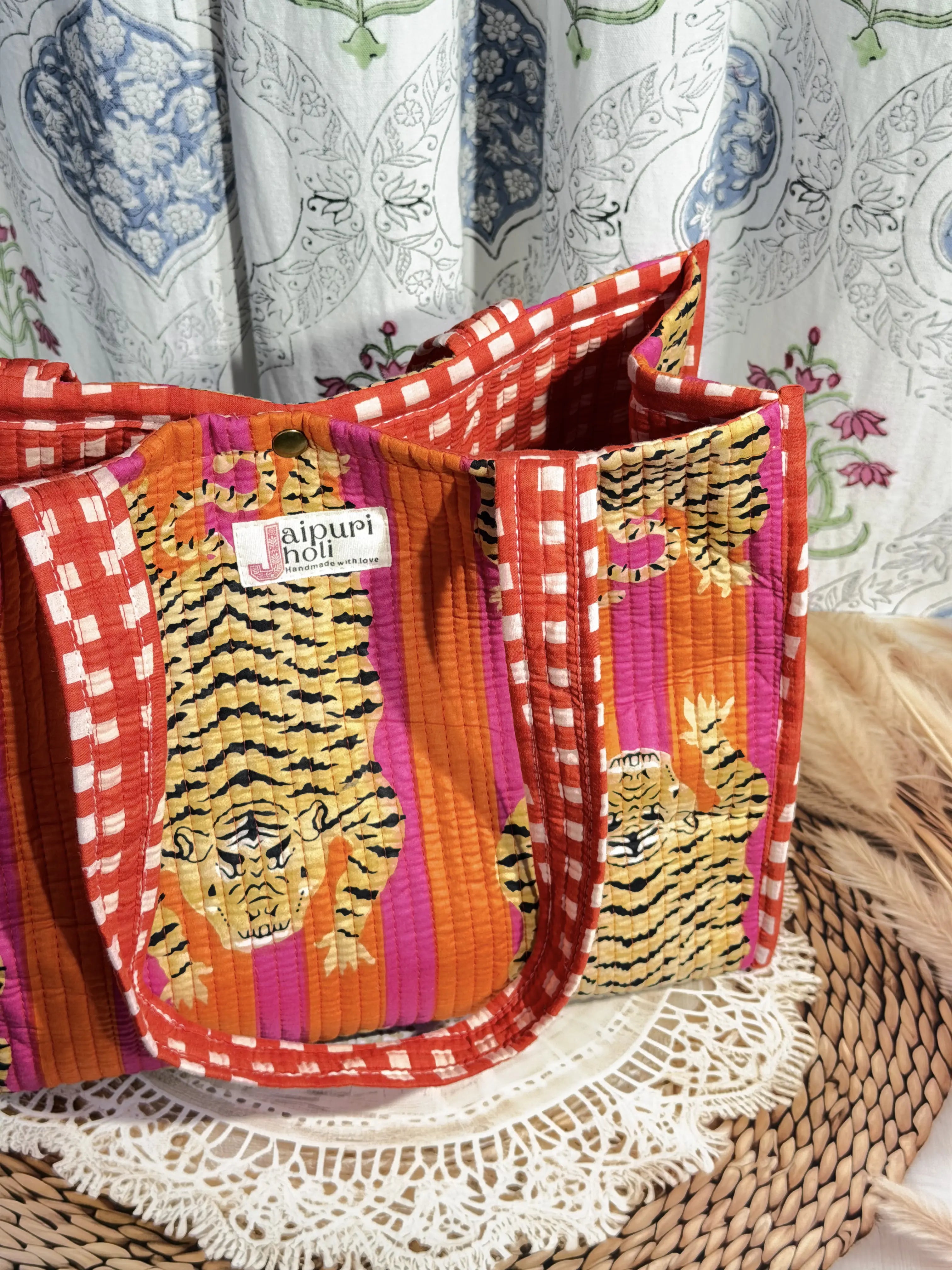 
Jaipur Block Print Cotton Quilted Button Tote Bag - Orange and Pink Tiger Animal Print Side View