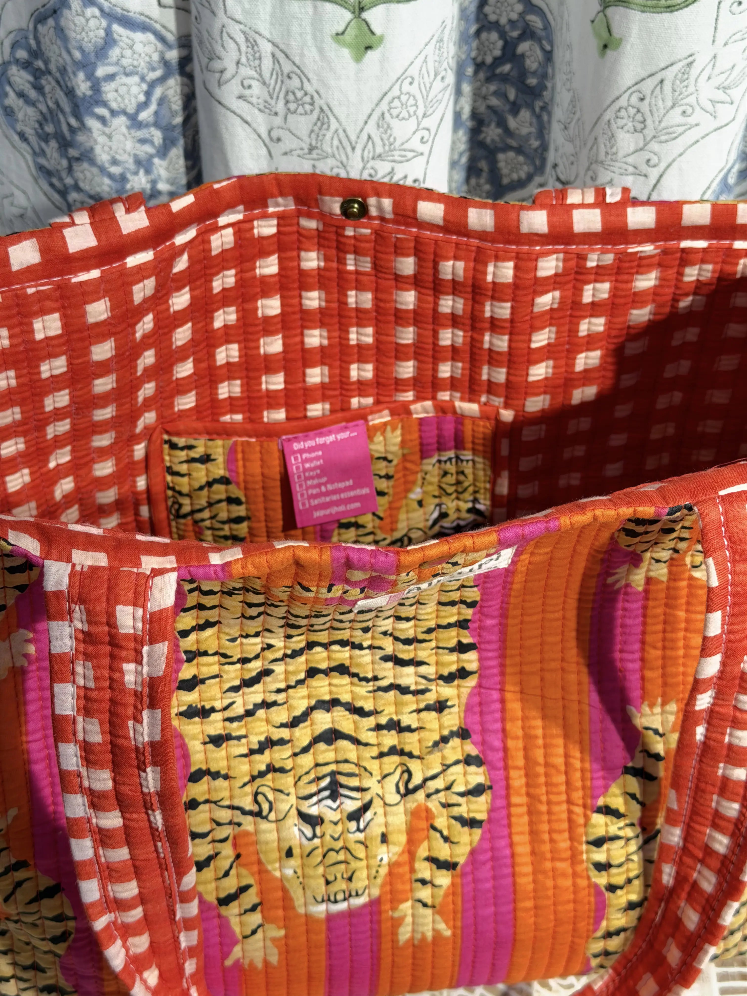 Jaipur Block Print Cotton Quilted Button Tote Bag - Orange and Pink Tiger Animal Print Interior View