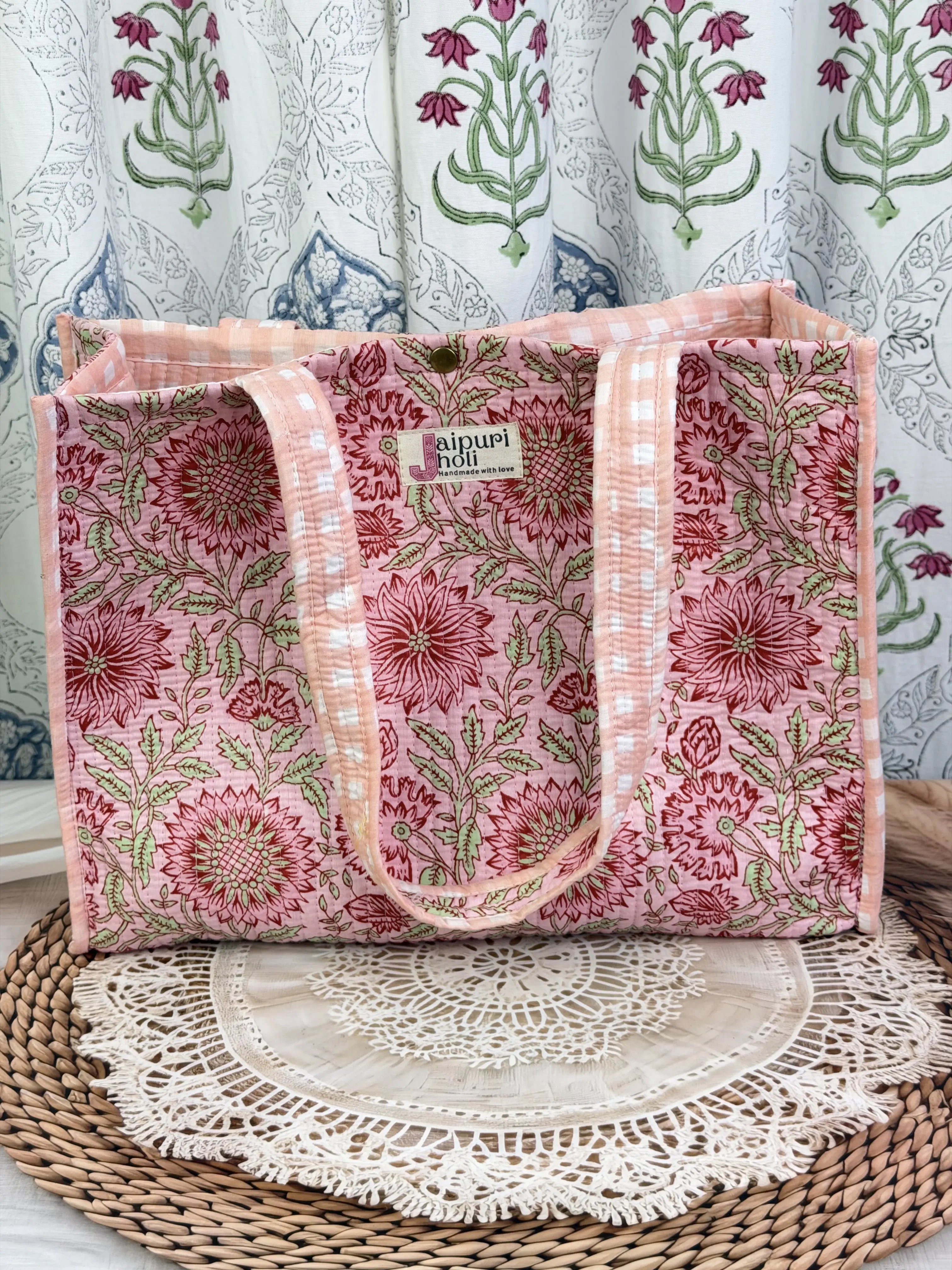 Jaipur Block Print Cotton Quilted Button Tote Bag - Peach Pink Floral Print Front View