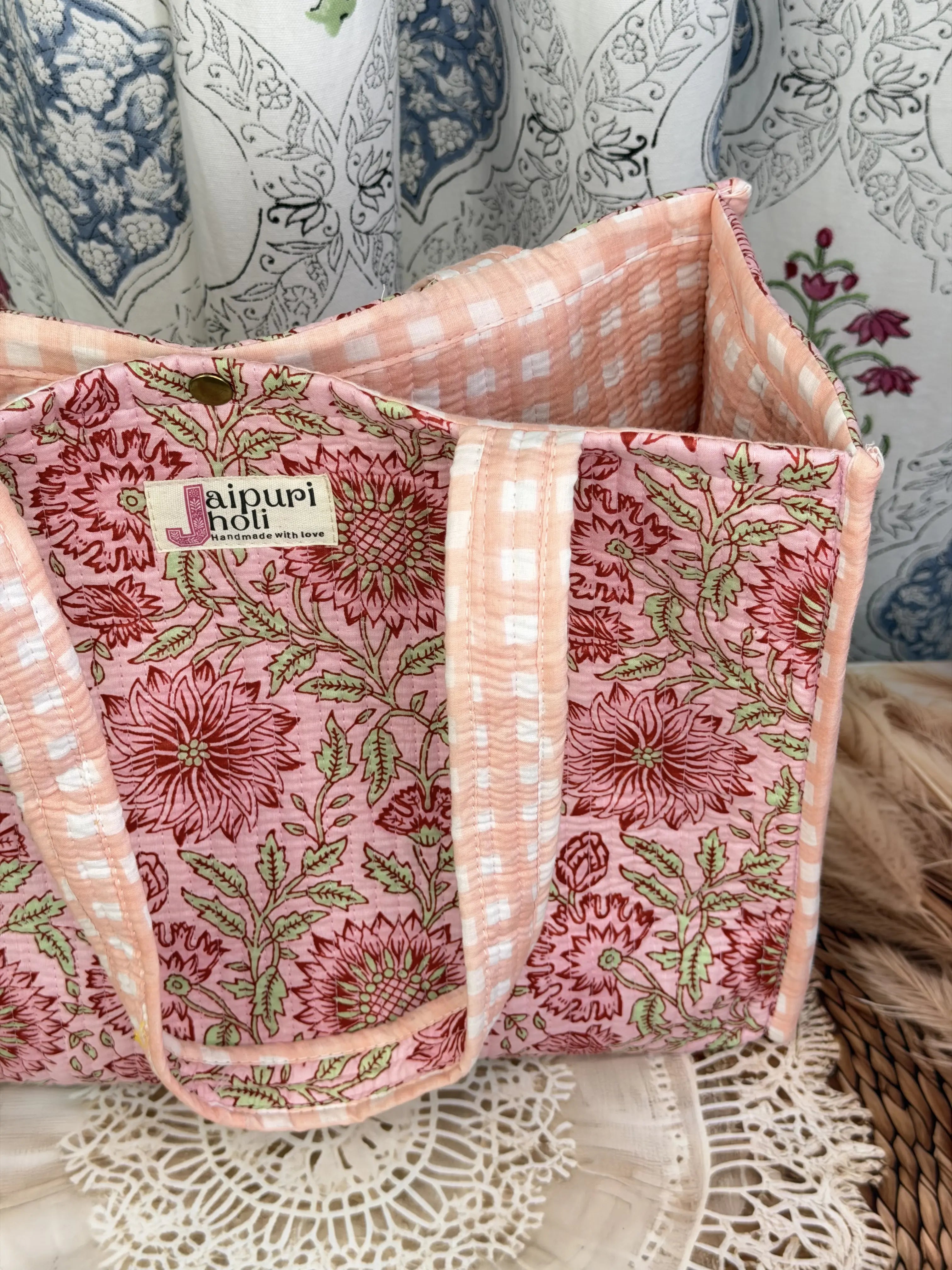 Jaipur Block Print Cotton Quilted Button Tote Bag - Peach Pink Floral Print Close-UP View