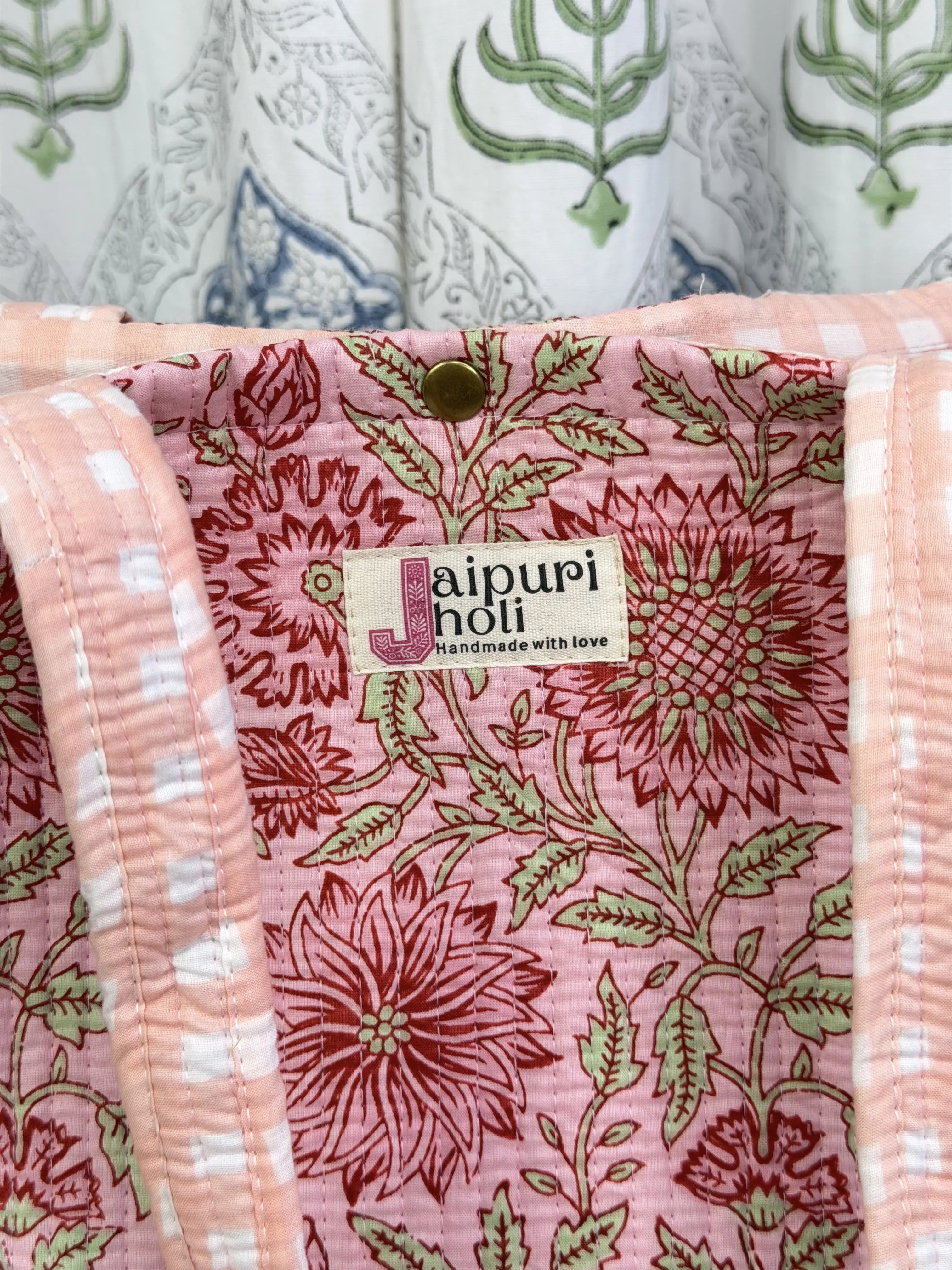 Jaipur Block Print Cotton Quilted Button Tote Bag - Peach Pink Floral Print Close-UP View