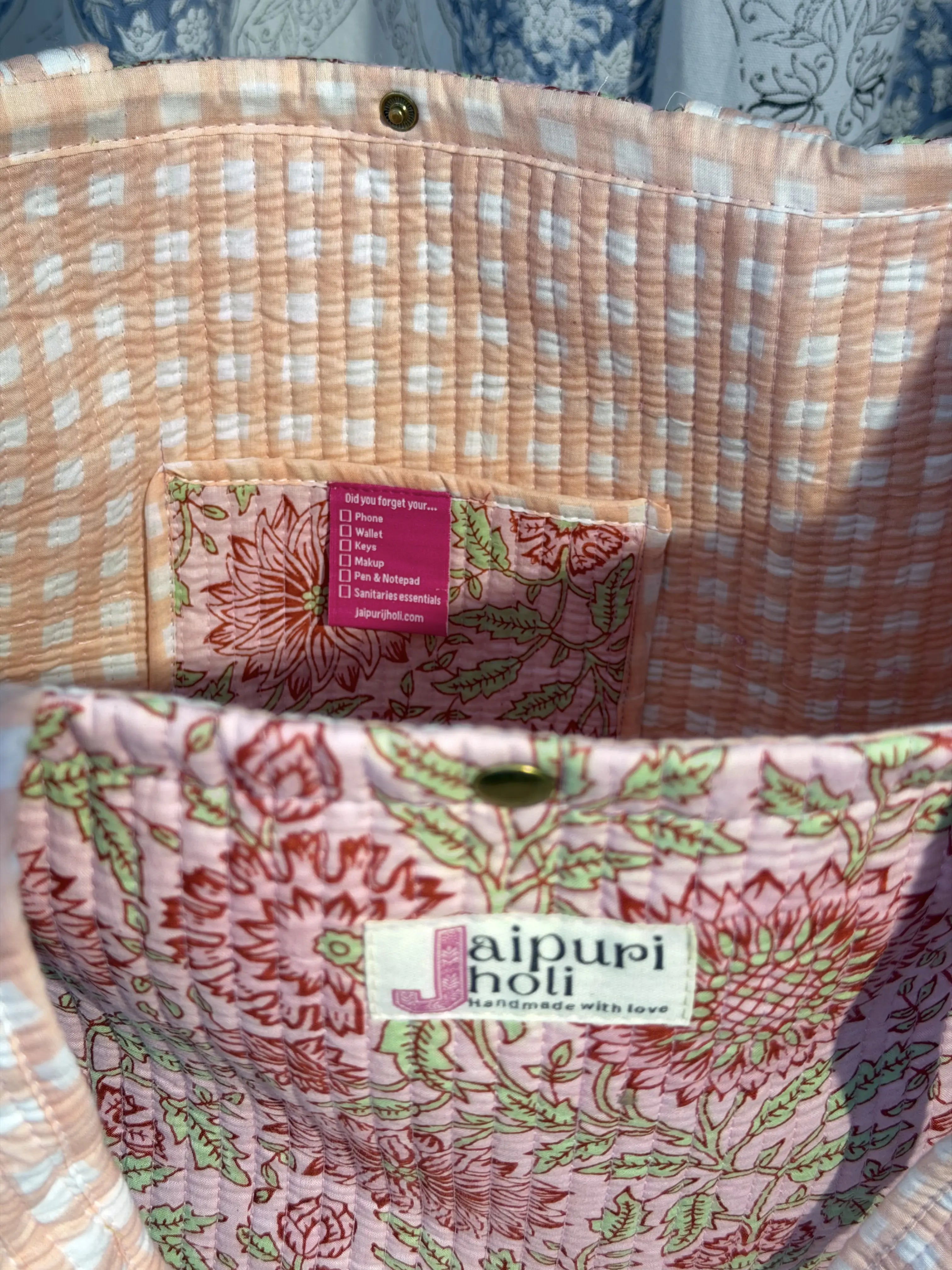 Jaipur Block Print Cotton Quilted Button Tote Bag - Peach Pink Floral Print Interior View
