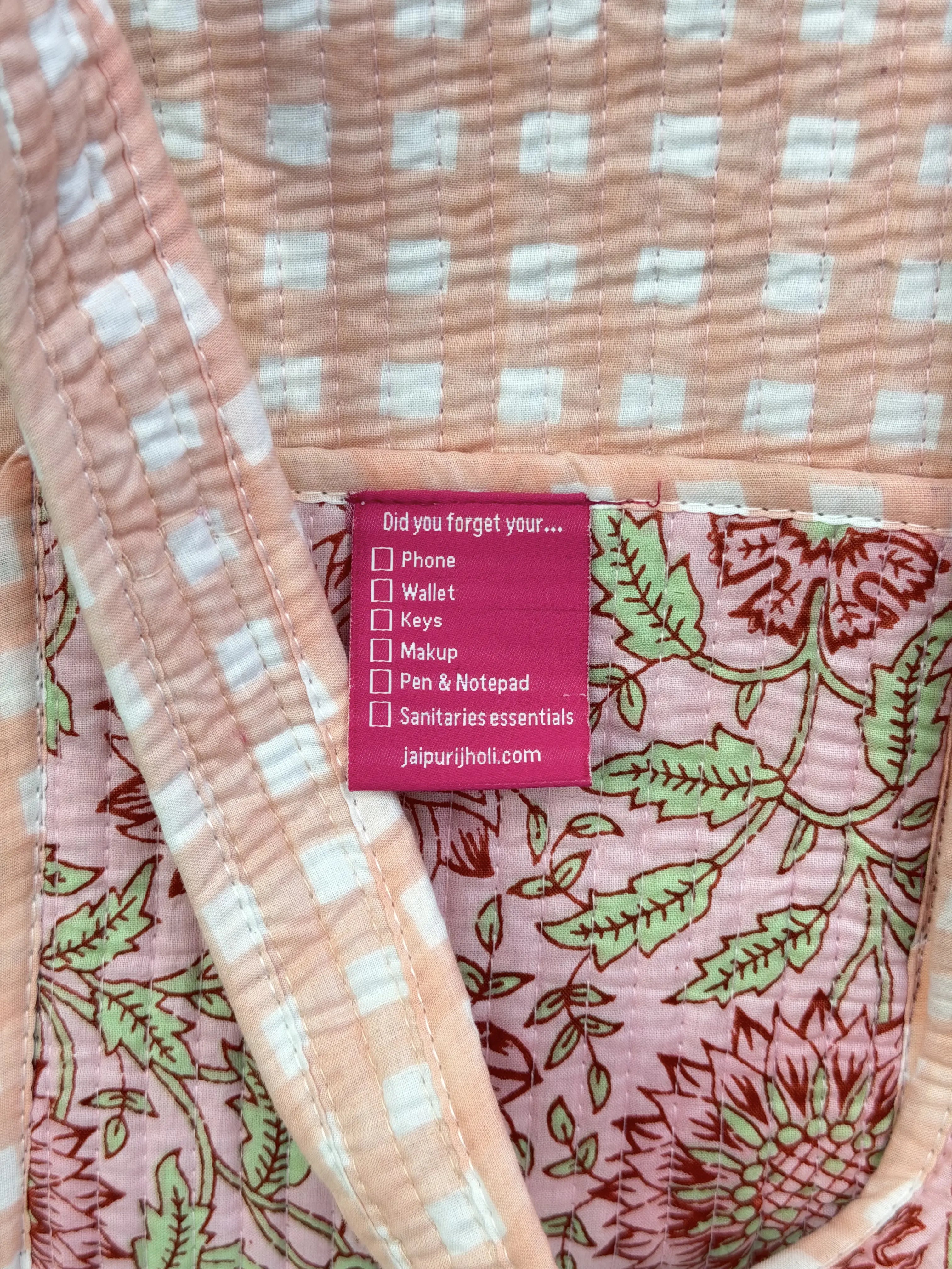 Jaipur Block Print Cotton Quilted Button Tote Bag - Peach Pink Floral Print Close-UP View