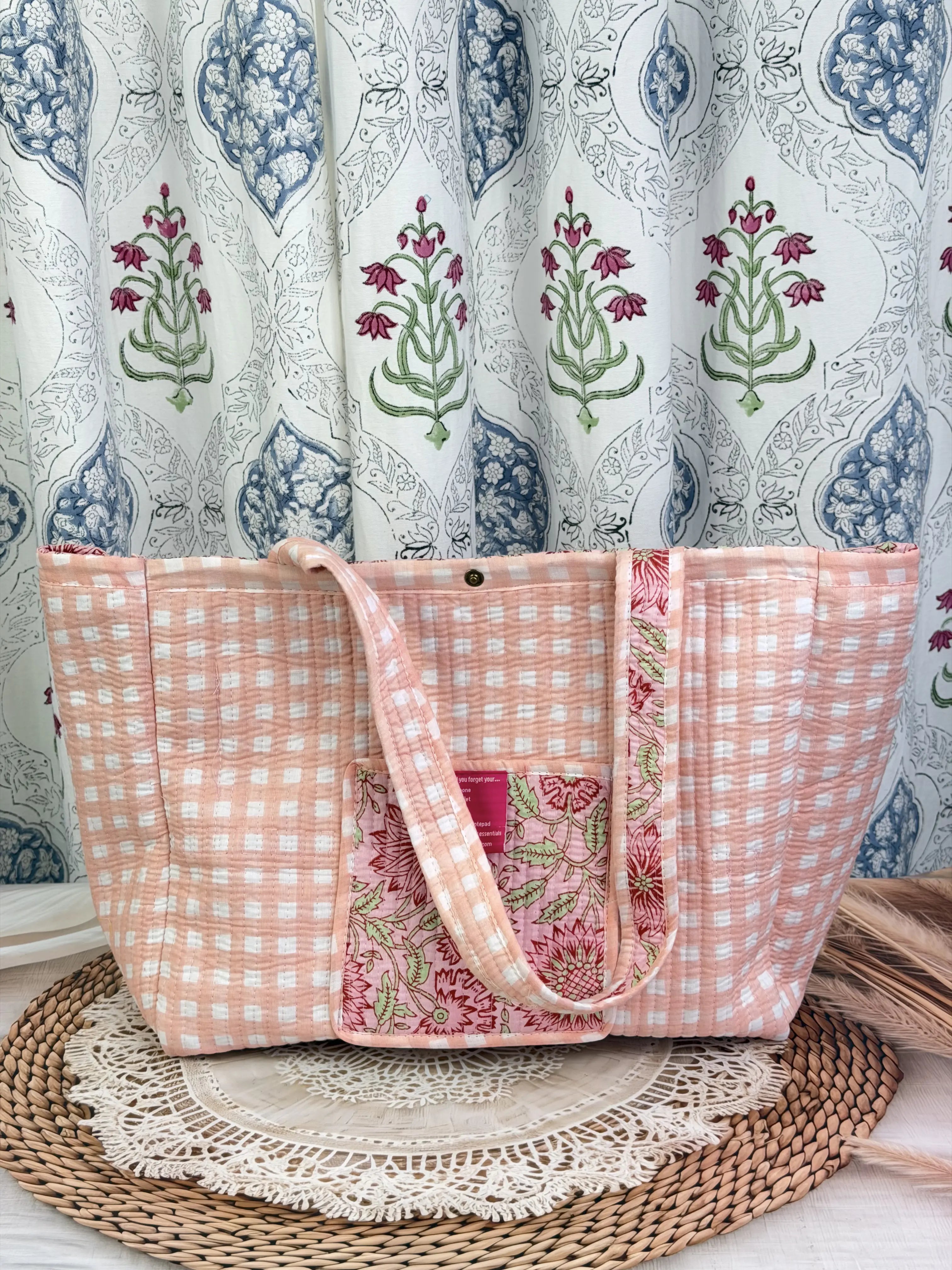 Jaipur Block Print Button Tote Bags - Peach Pink Floral