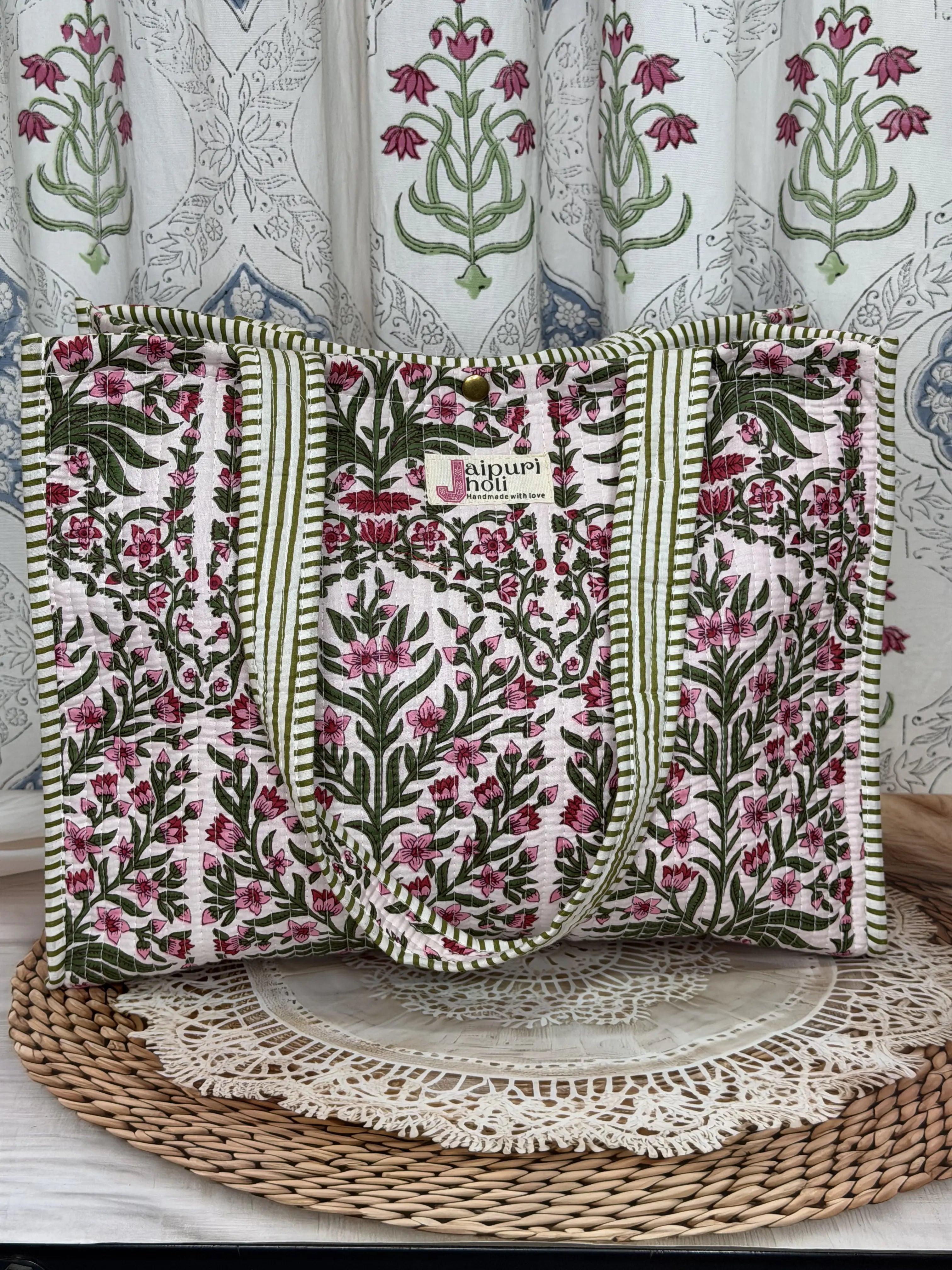 Jaipur Block Print Cotton Quilted Button Tote Bag - Pink Floral and Green Leaves Print Front View