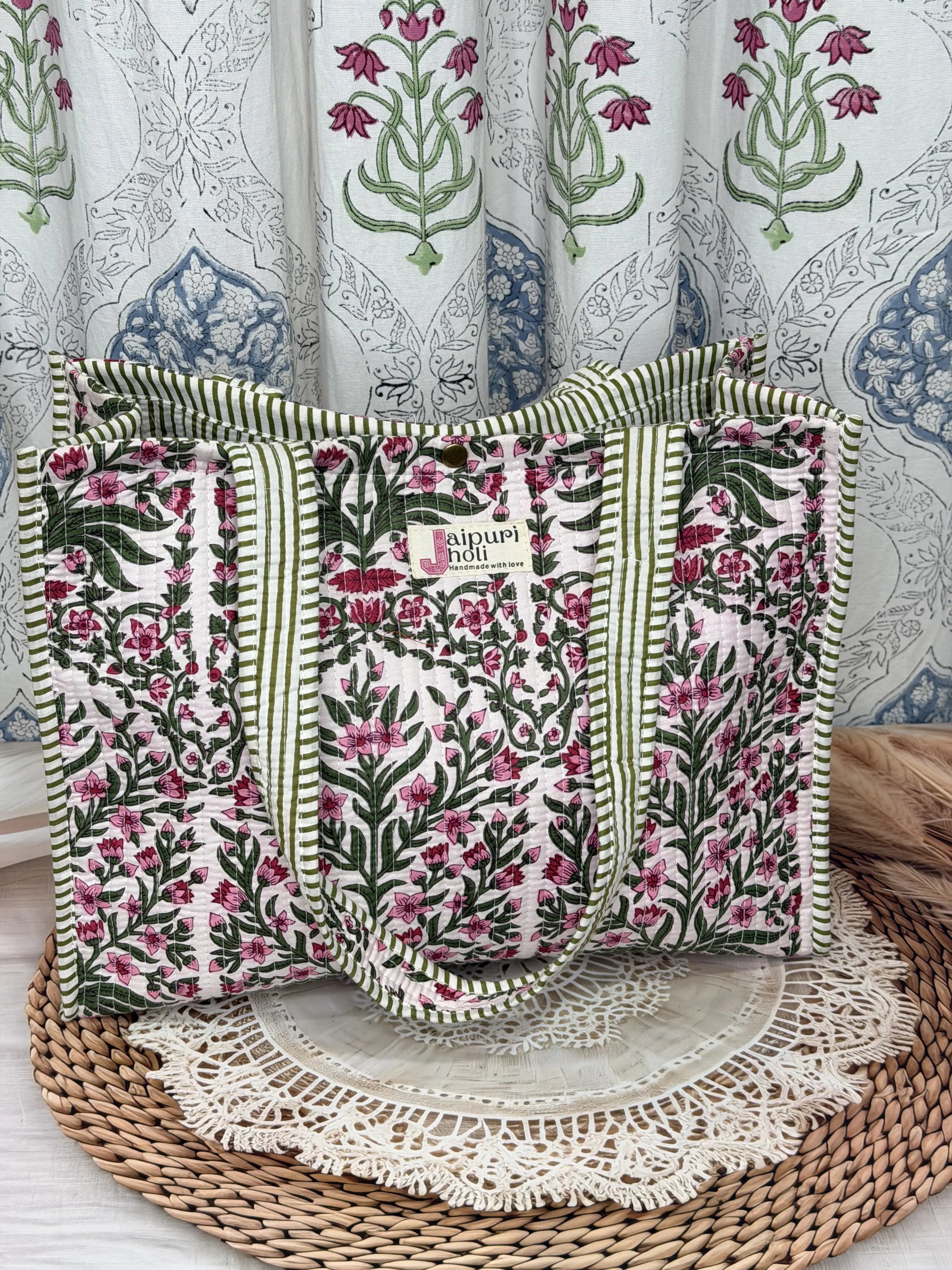 Jaipur Block Print Cotton Quilted Button Tote Bag - Pink Floral and Green Leaves Print Front View