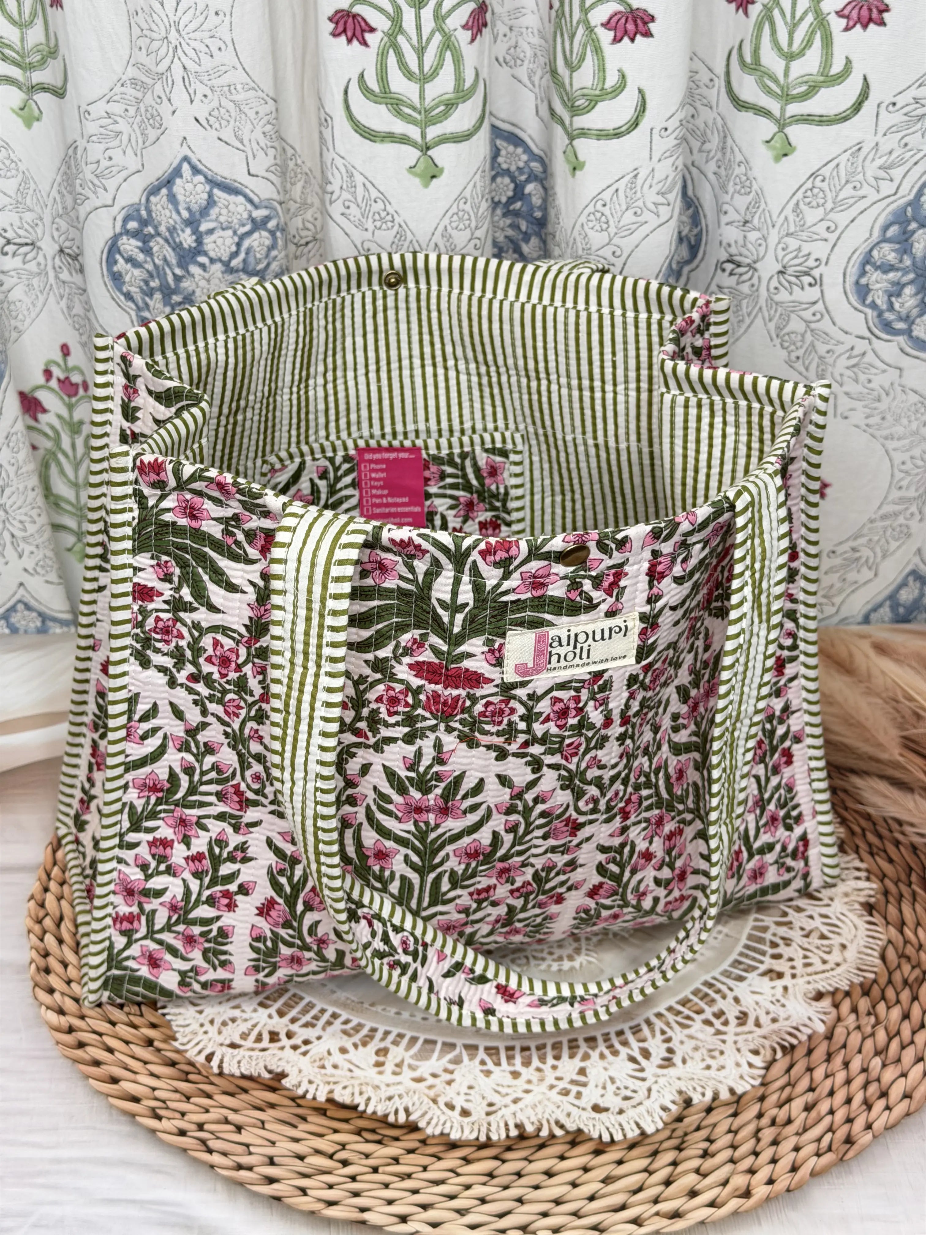 Jaipur Block Print Cotton Quilted Button Tote Bag - Pink Floral and Green Leaves Print Interior View