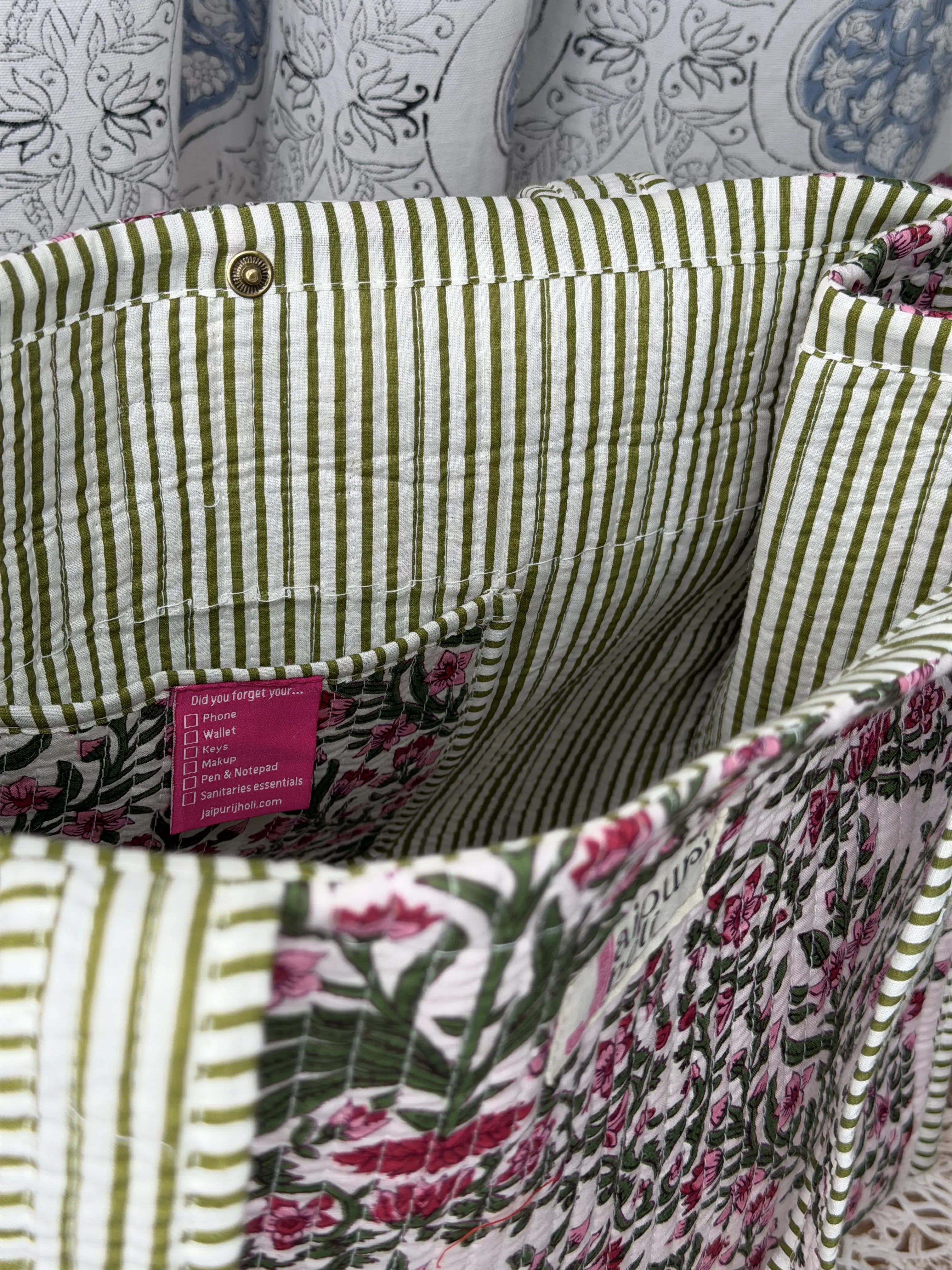 Jaipur Block Print Cotton Quilted Button Tote Bag - Pink Floral and Green Leaves Print Interior View