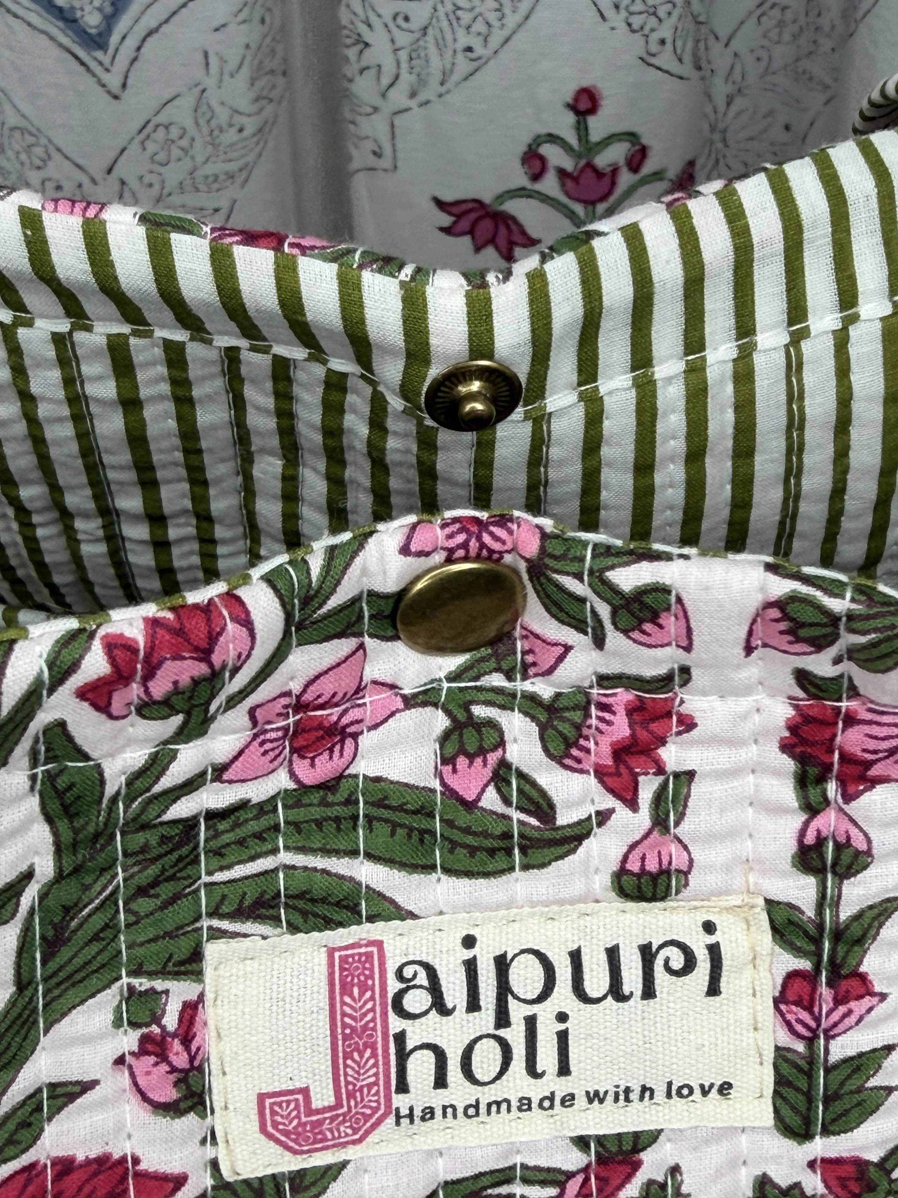 Jaipur Block Print Cotton Quilted Button Tote Bag - Pink Floral and Green Leaves Print Close-UP View