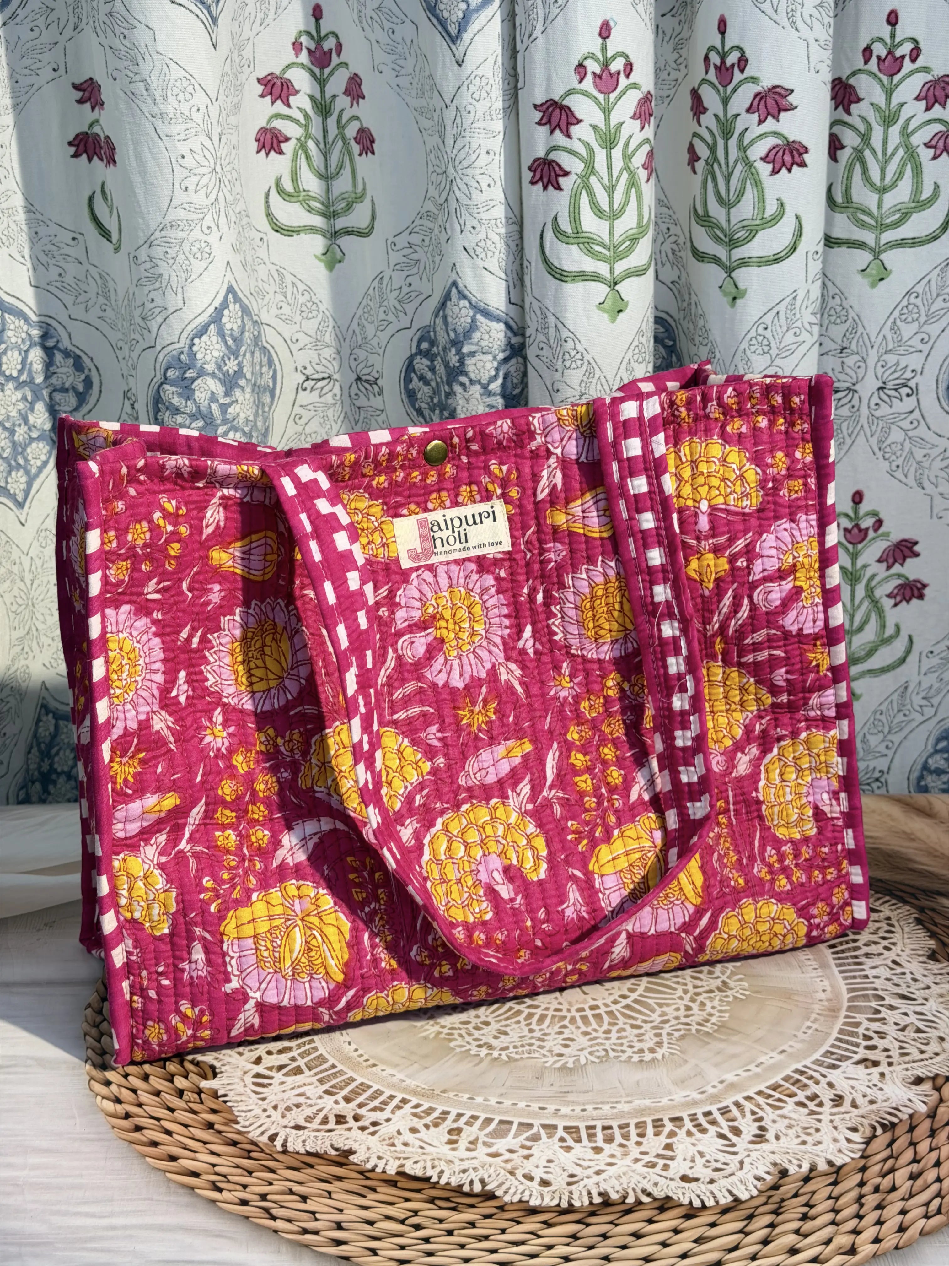 Jaipur Block Print Cotton Quilted Button Tote Bag - Pink Floral Print Front View