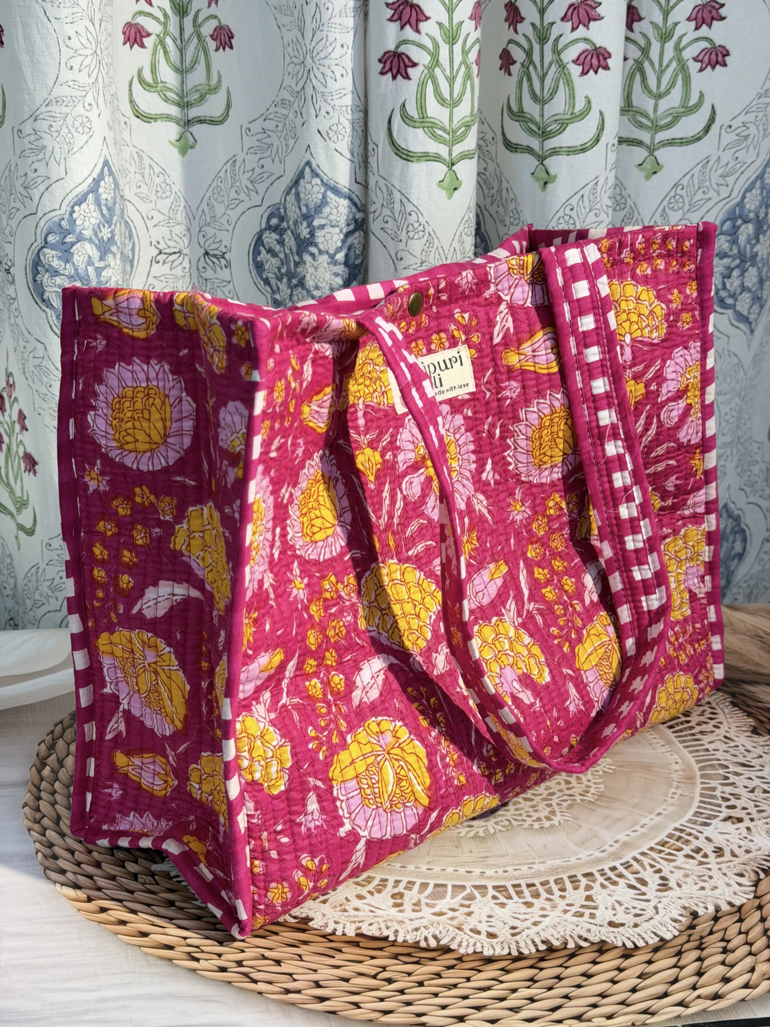 Jaipur Block Print Cotton Quilted Button Tote Bag - Pink Floral Print Side View