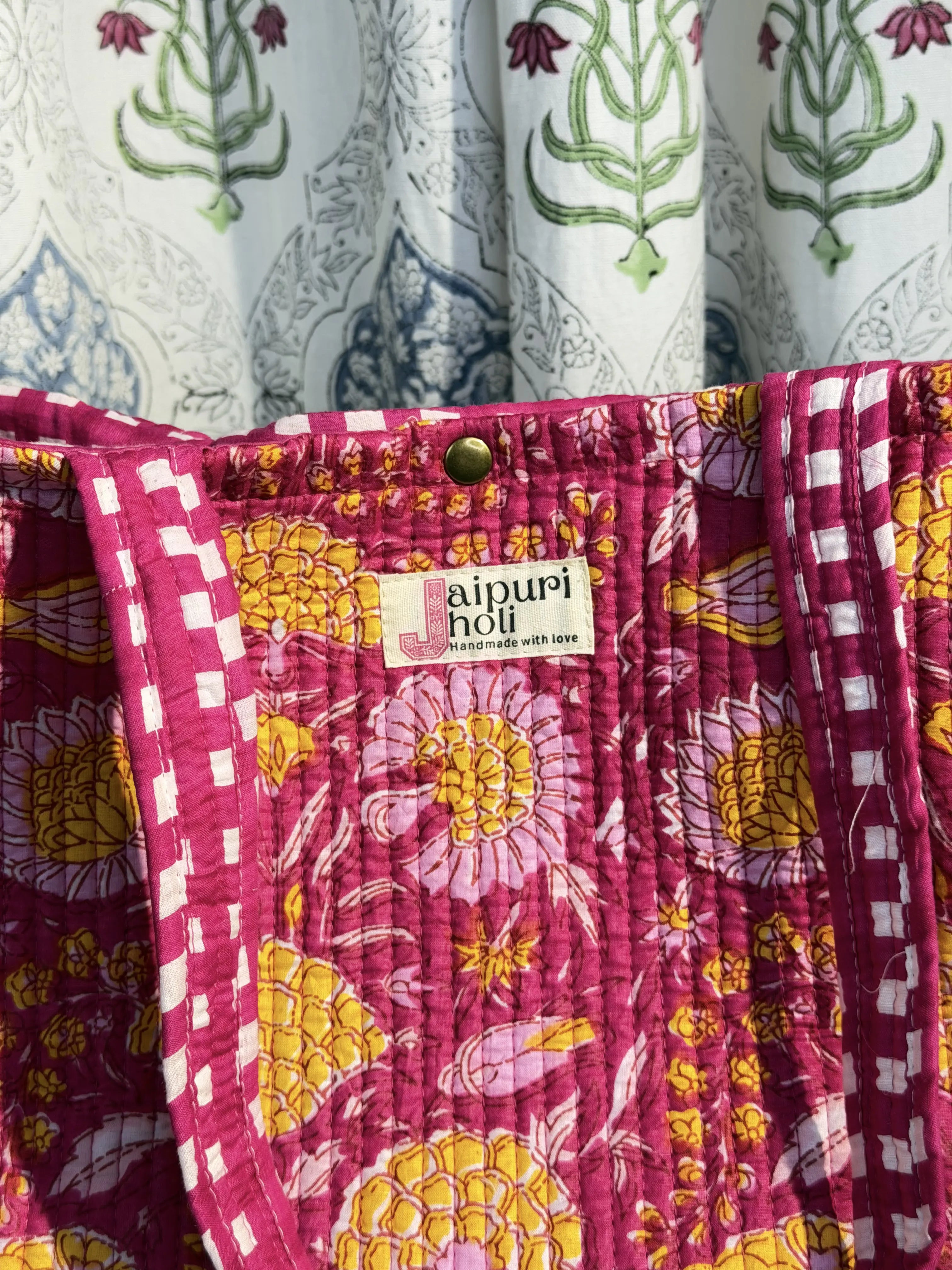 Jaipur Block Print Cotton Quilted Button Tote Bag - Pink Floral Print Close-UP View
