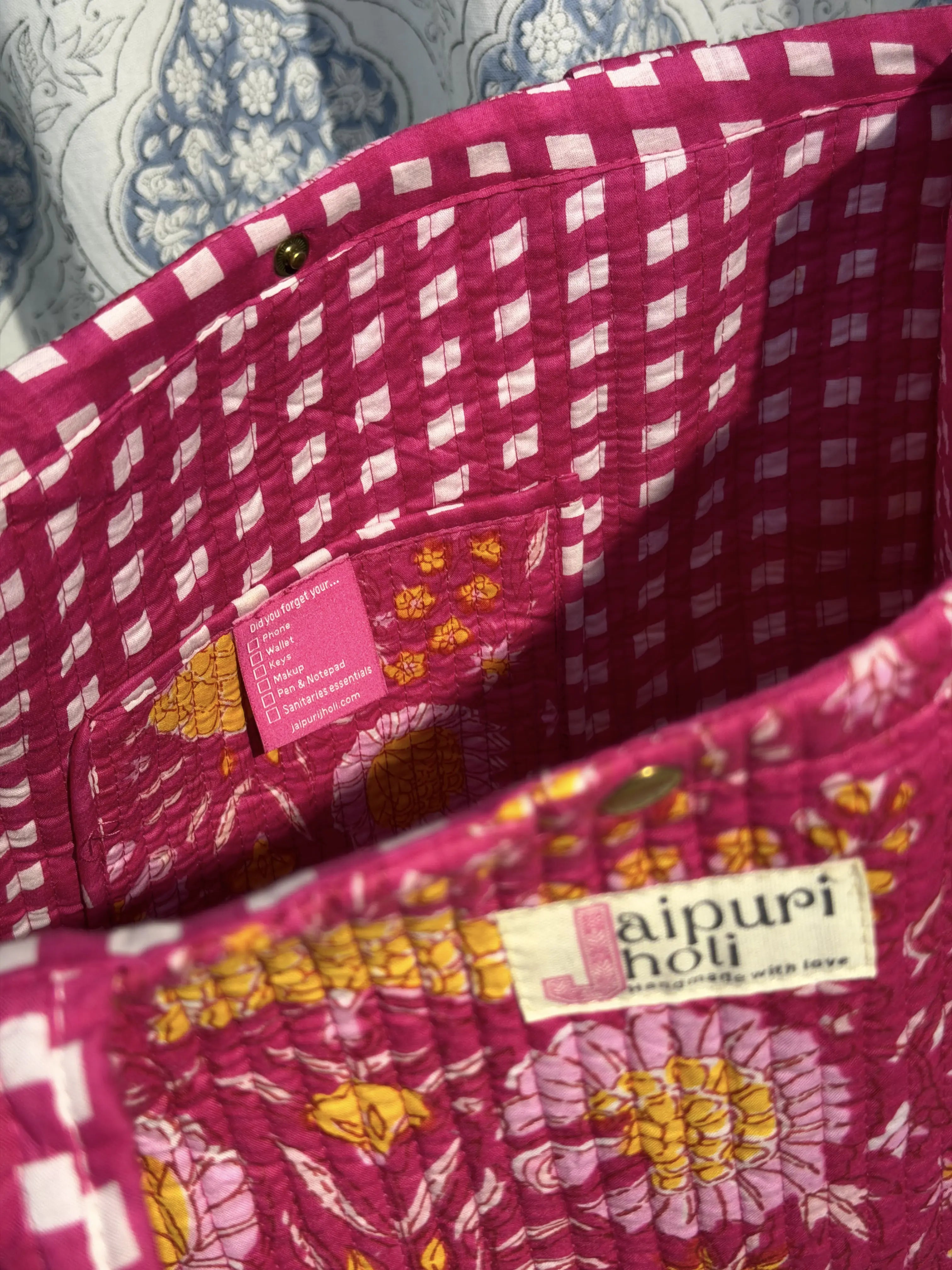 Jaipur Block Print Cotton Quilted Button Tote Bag - Pink Floral Print Interior View