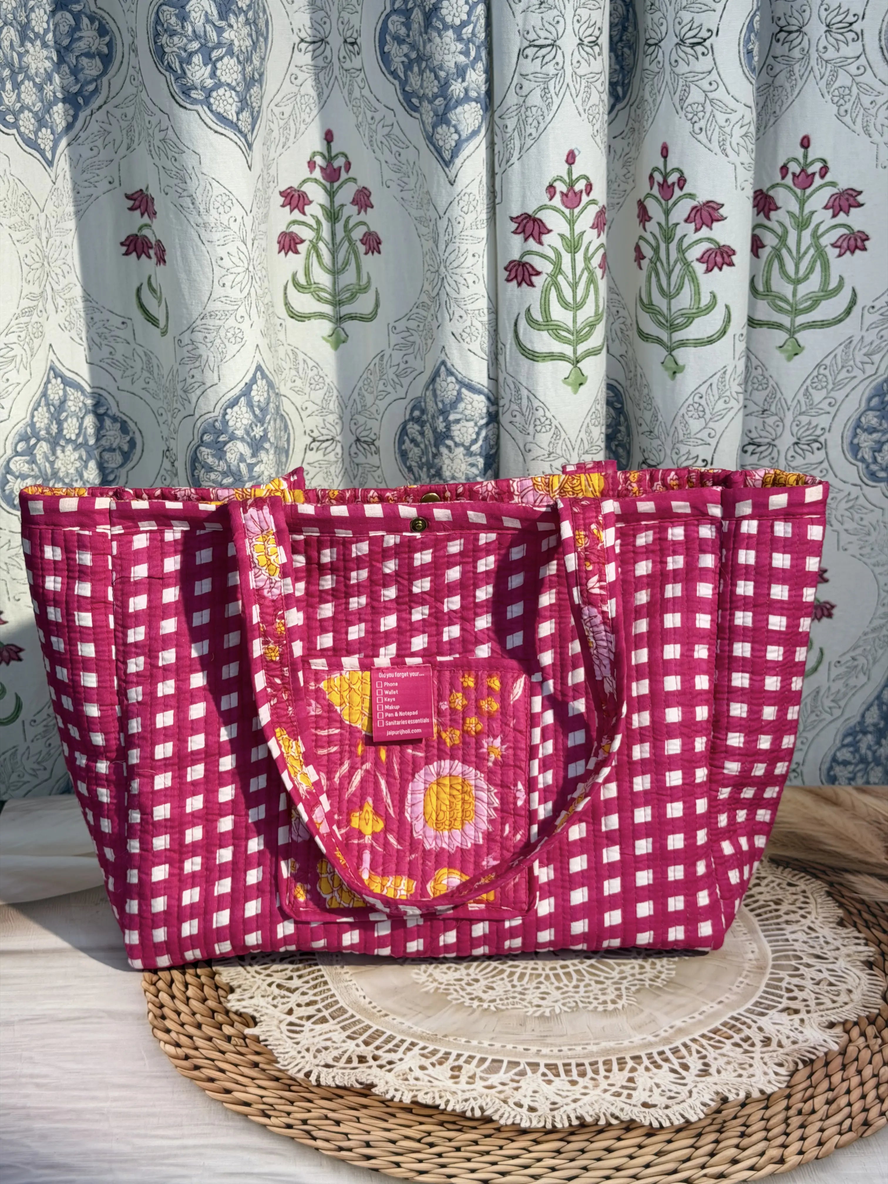 Jaipur Block Print Cotton Quilted Button Tote Bag - Pink Floral Print Side View