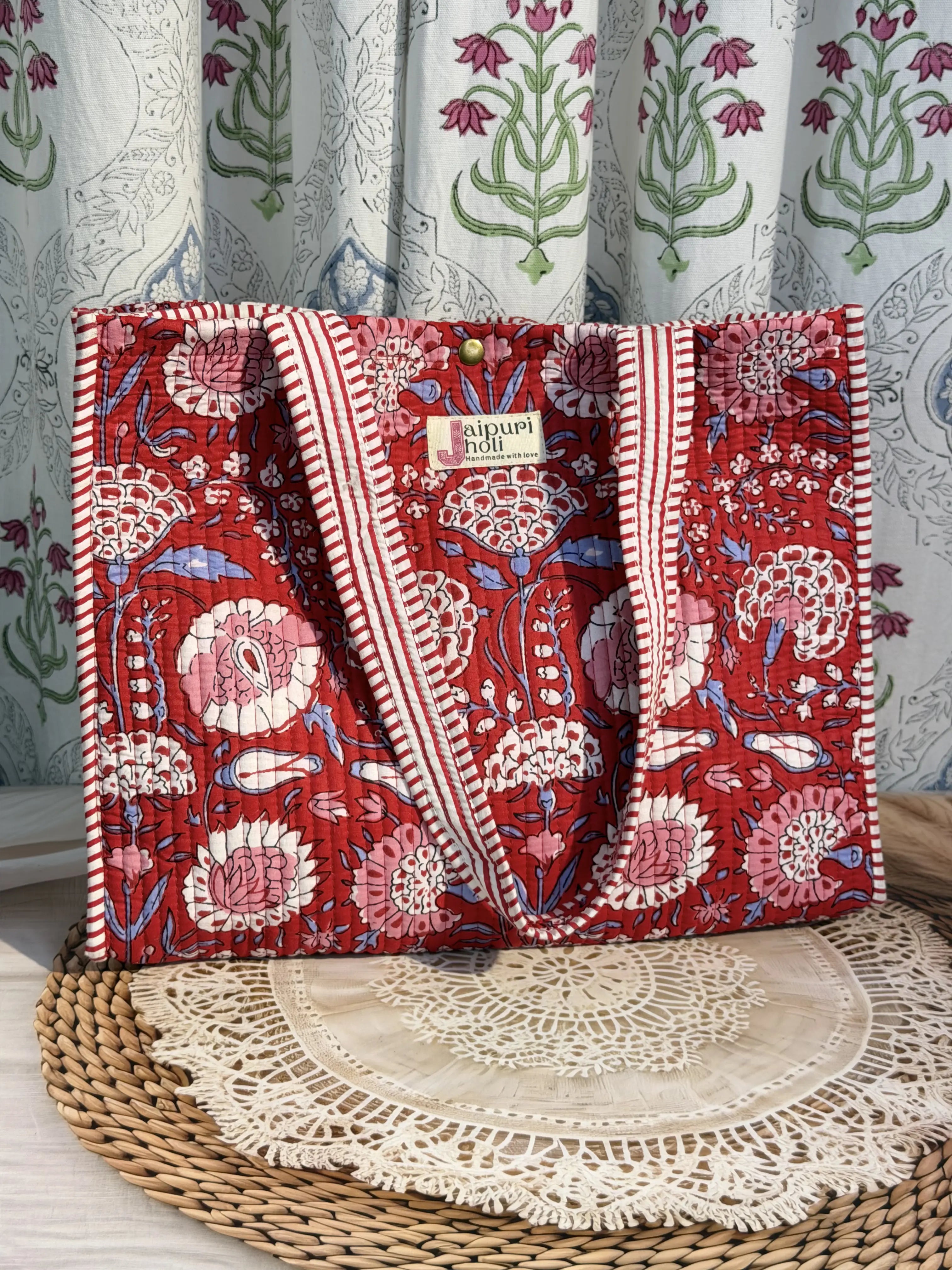 Jaipur Block Print Cotton Quilted Button Tote Bag - Red Floral Print Front View