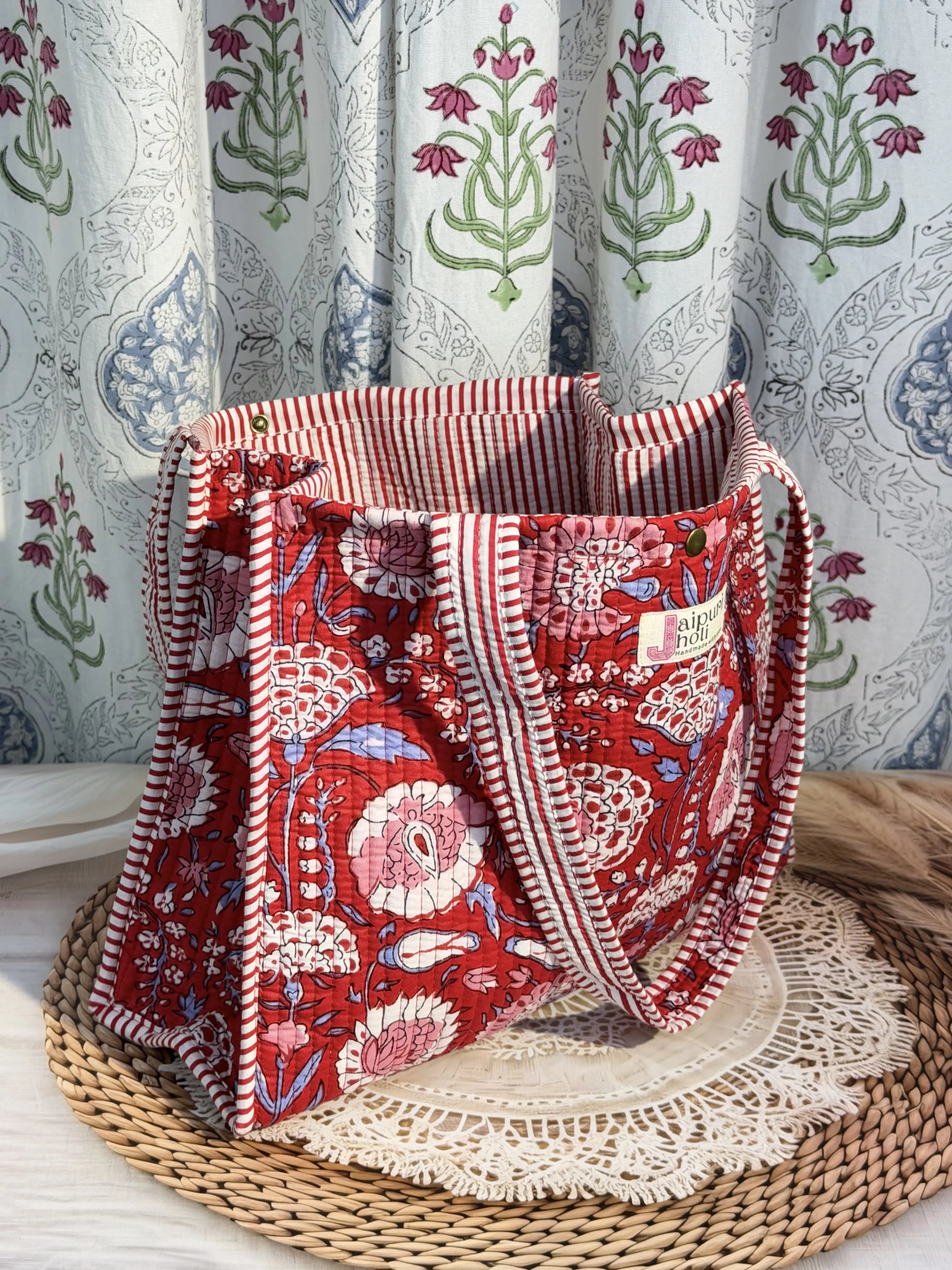 Jaipur Block Print Cotton Quilted Button Tote Bag - Red Floral Print Side View