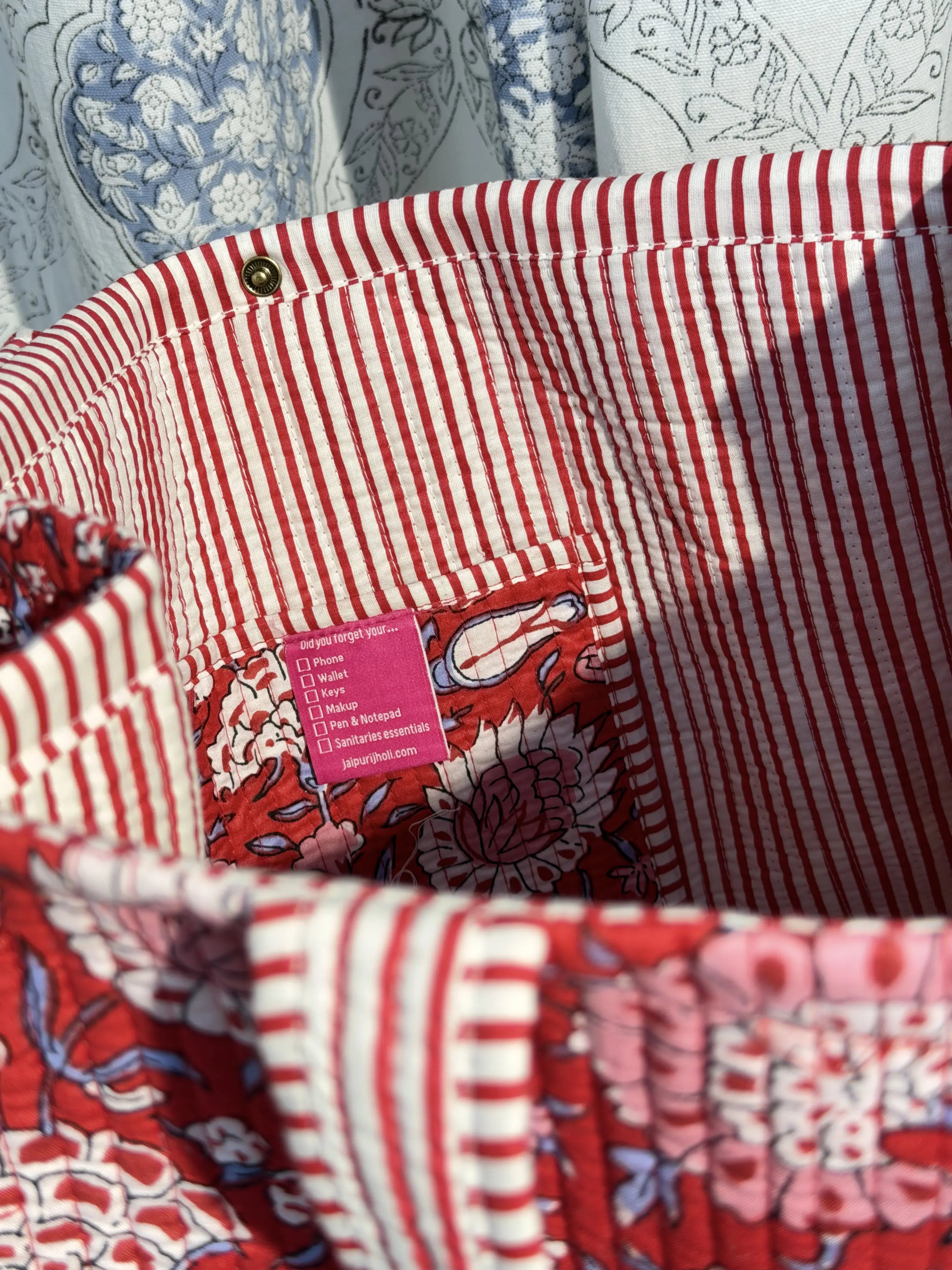 Jaipur Block Print Cotton Quilted Button Tote Bag - Red Floral Print Interior View
