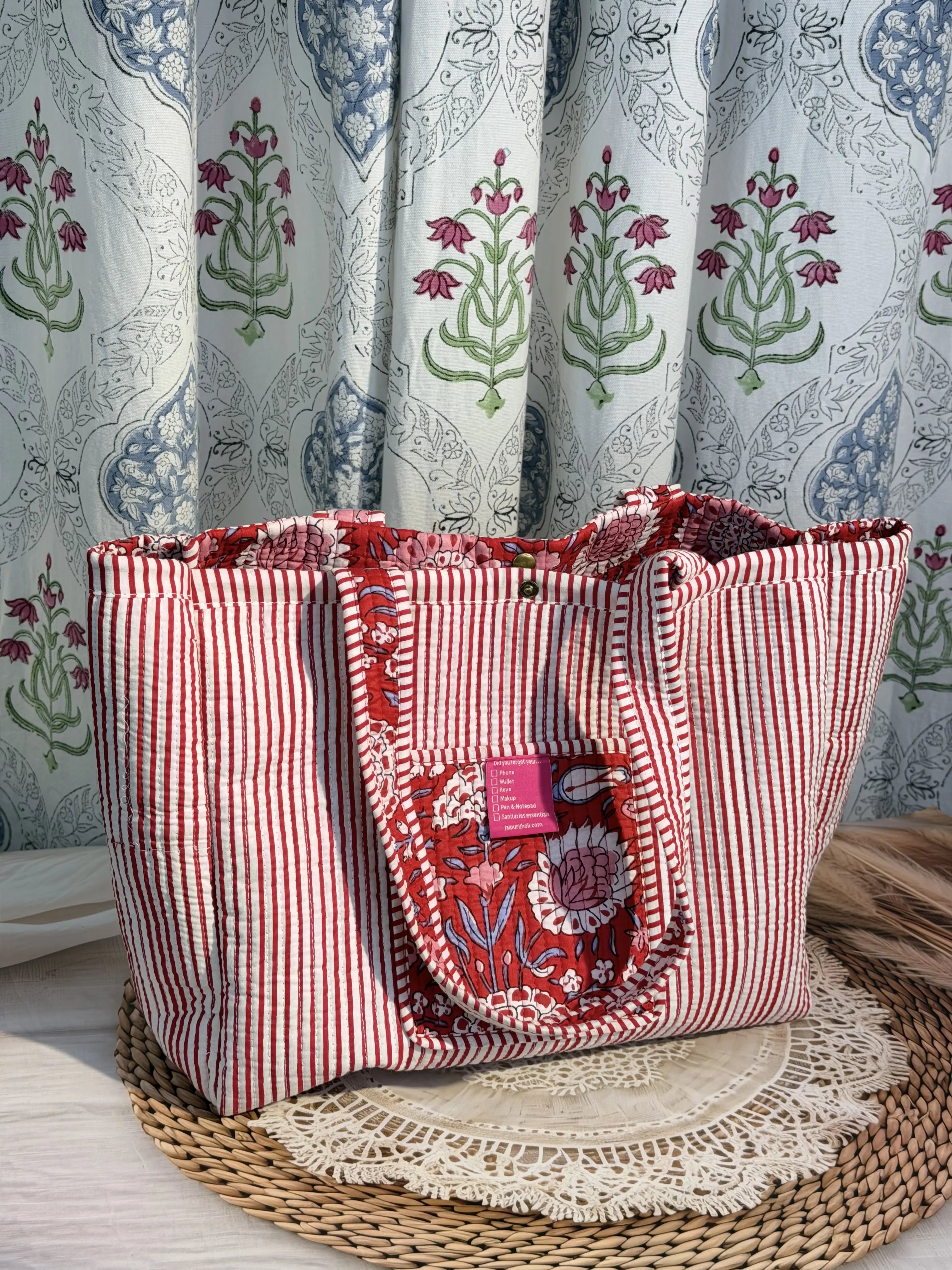 Jaipur Block Print Cotton Quilted Button Tote Bag - Red Floral Print Back View
