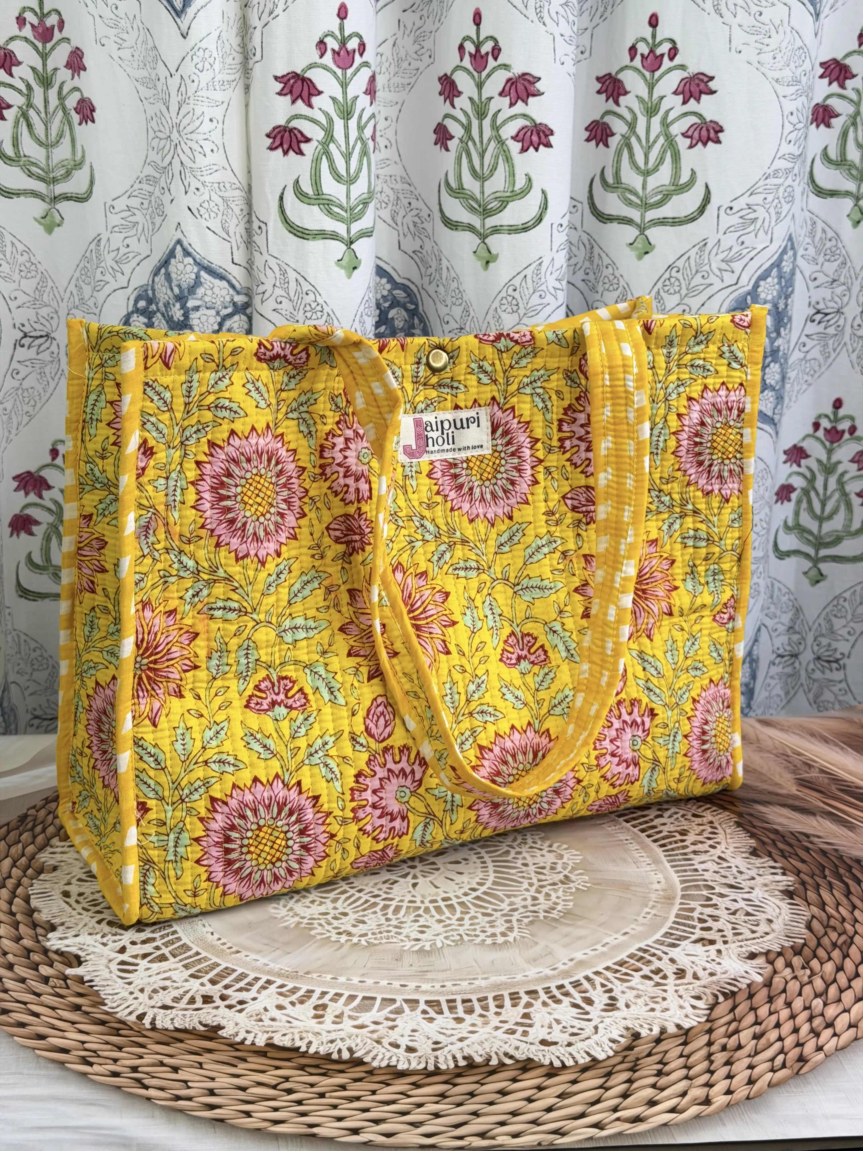 Jaipur Block Print Cotton Quilted Button Tote Bag - Yellow Floral Print Front View