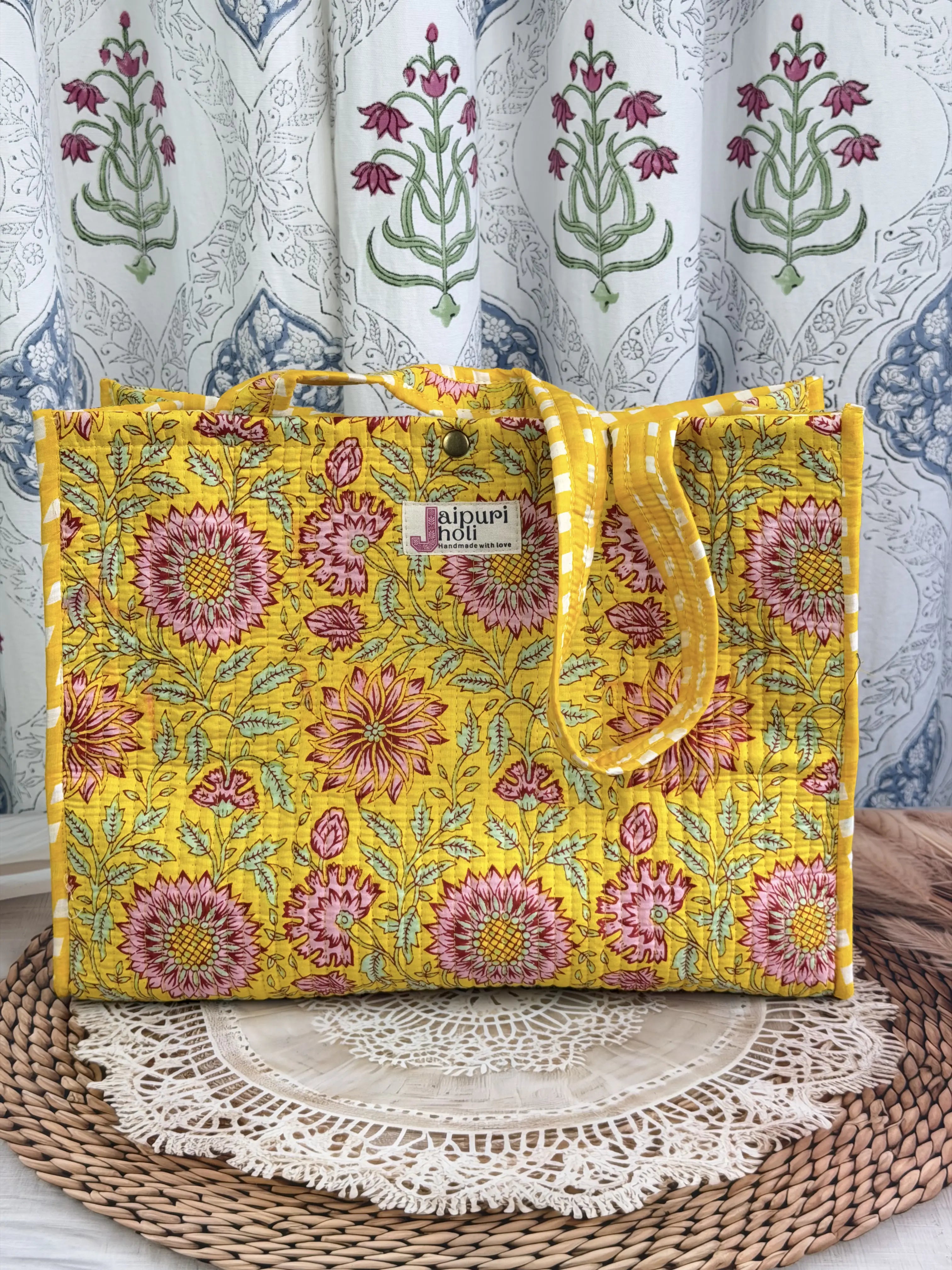 Jaipur Block Print Cotton Quilted Button Tote Bag - Yellow Floral Print Front View