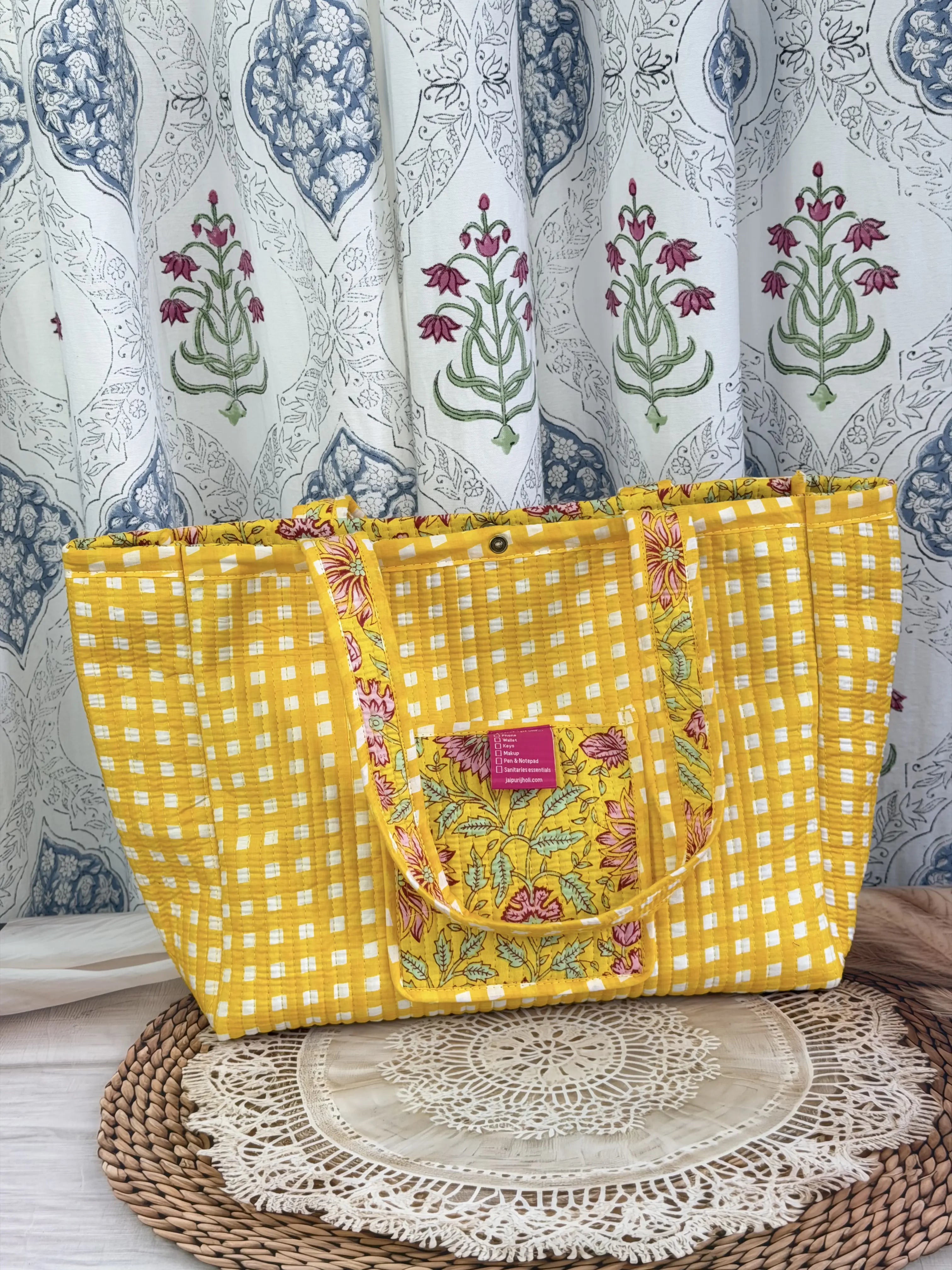 Jaipur Block Print Cotton Quilted Button Tote Bag - Yellow Floral Print Side View