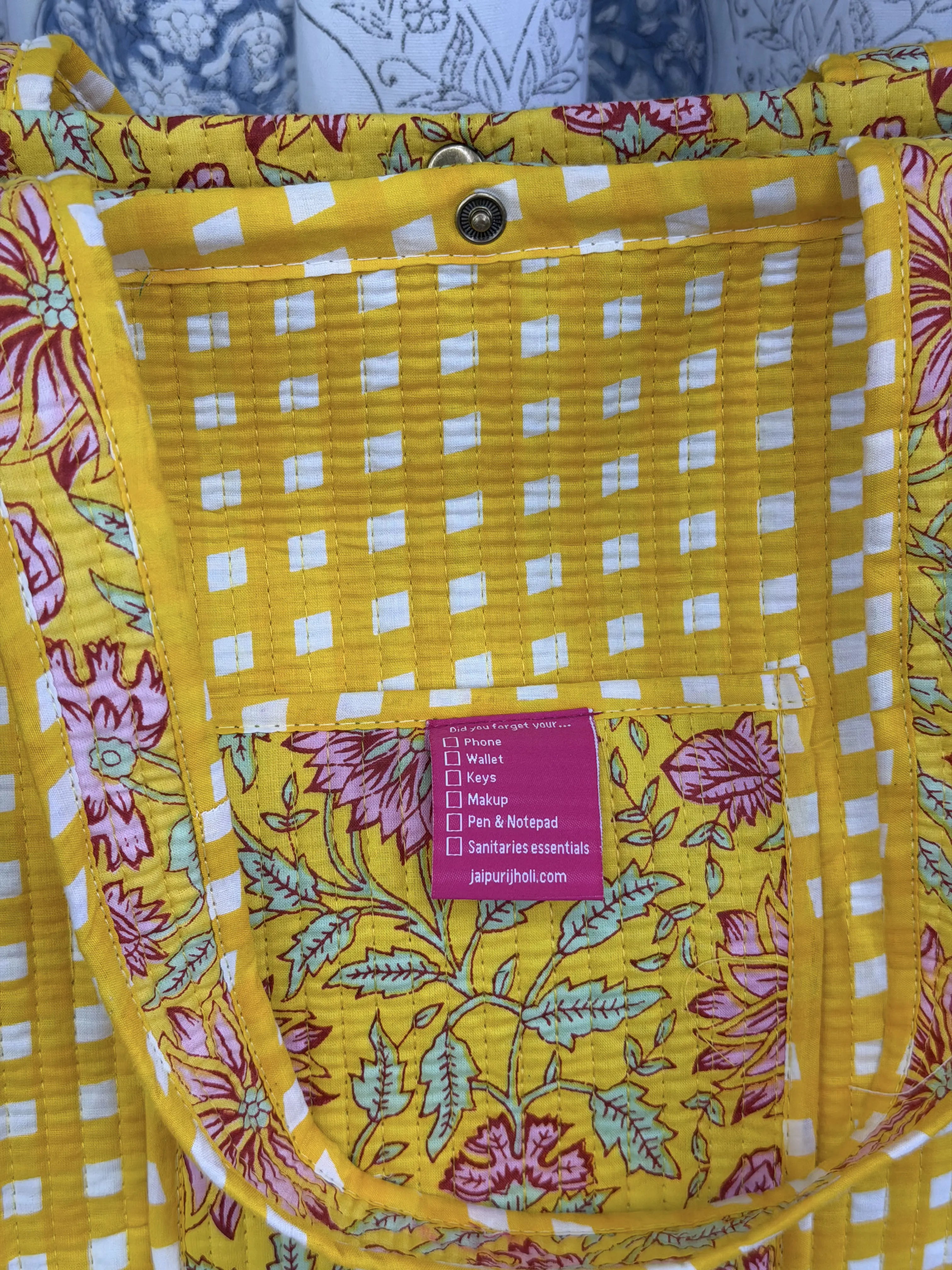 Jaipur Block Print Cotton Quilted Button Tote Bag - Yellow Floral Print Close-UP View