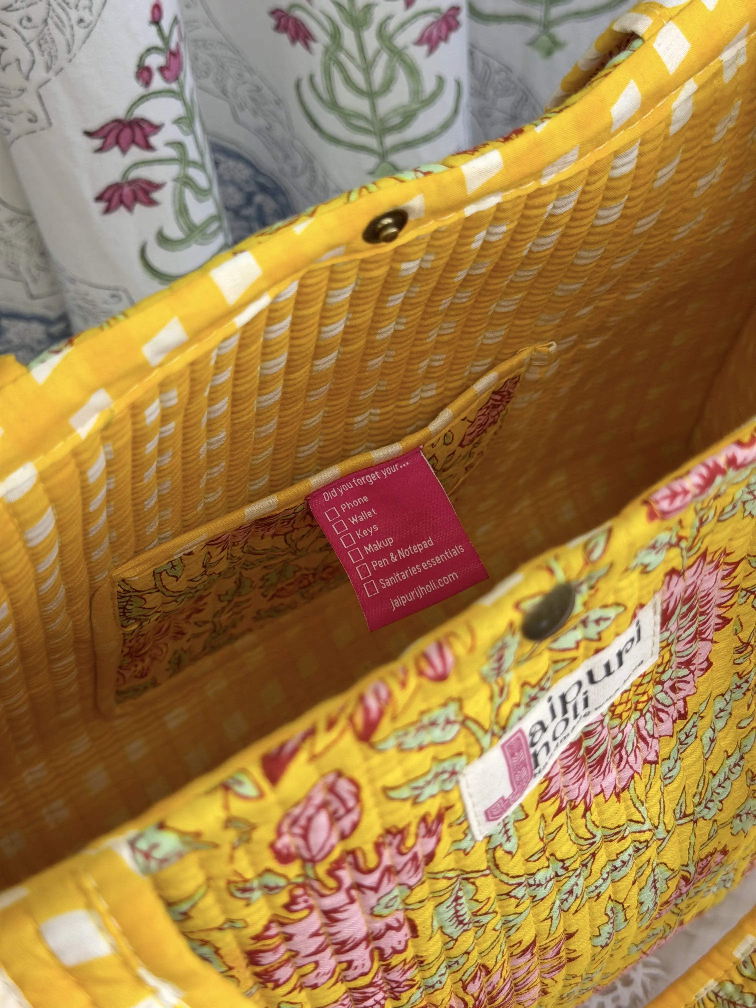 Jaipur Block Print Cotton Quilted Button Tote Bag - Yellow Floral Print Interior View