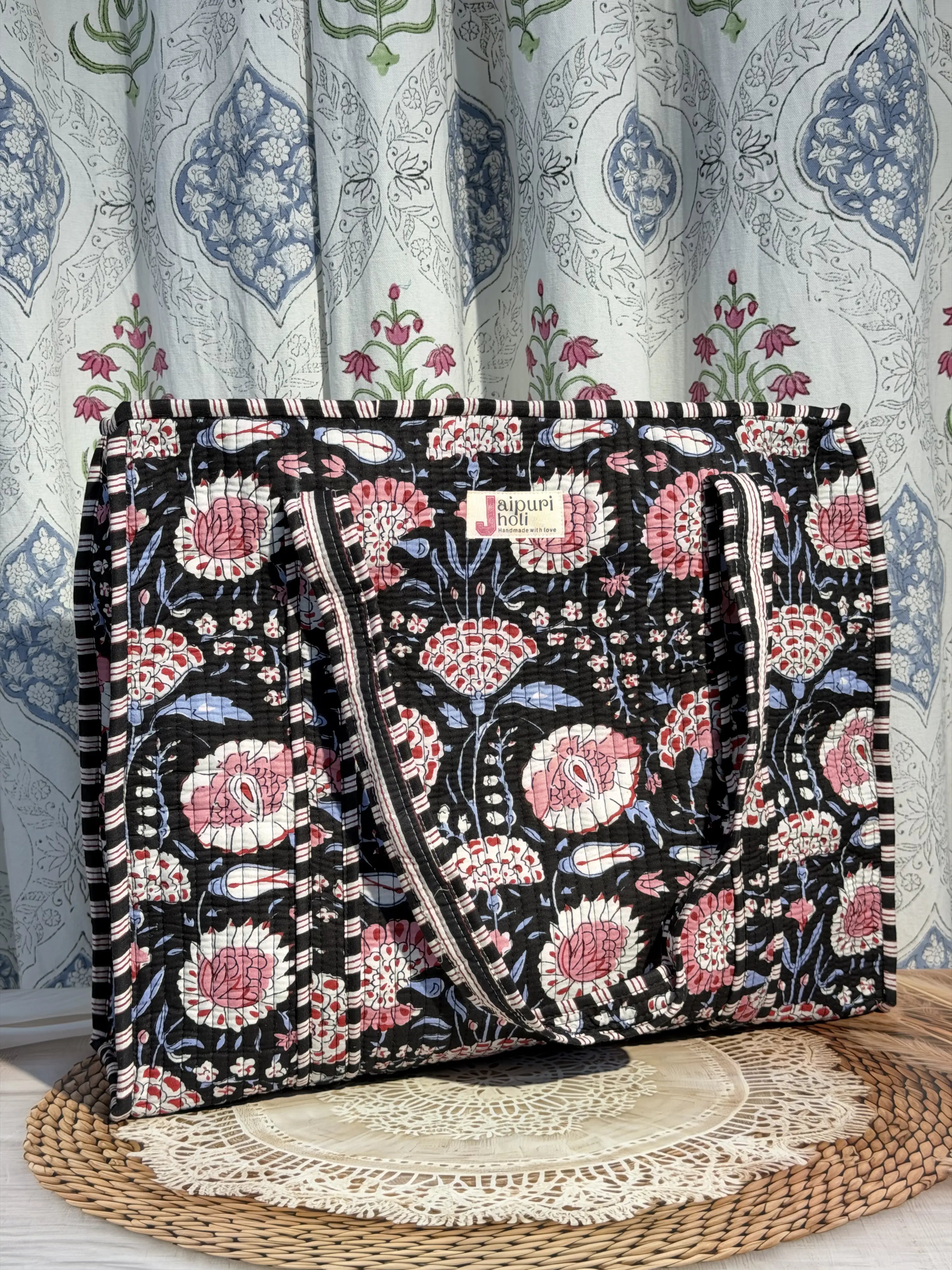Jaipur Block Print Cotton Quilted Everyday Tote Bag - Black and Pink Floral Print Front View