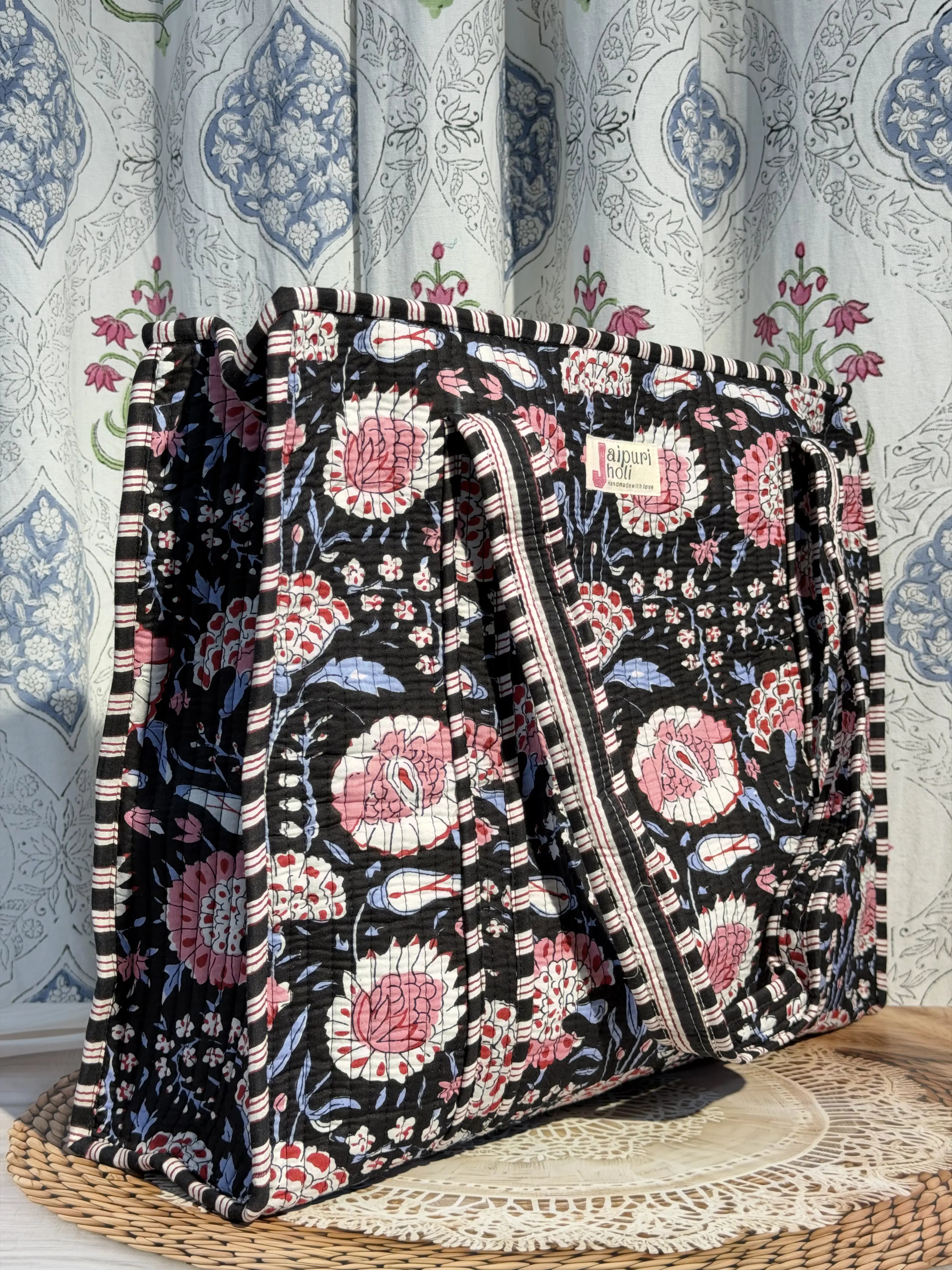 Jaipur Block Print Cotton Quilted Everyday Tote Bag - Black and Pink Floral Print Side View