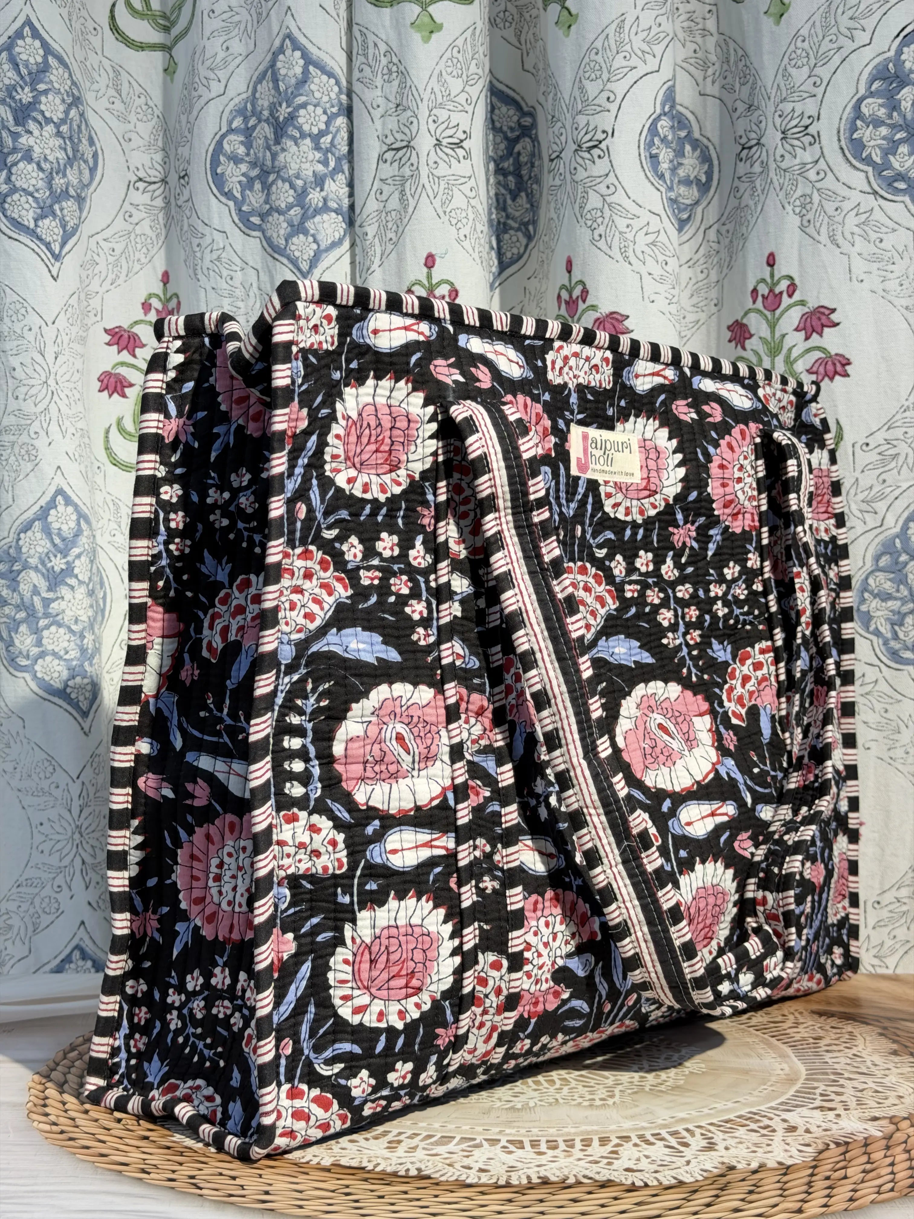 Jaipur Block Print Cotton Quilted Everyday Tote Bag - Black and Pink Floral Print Back View