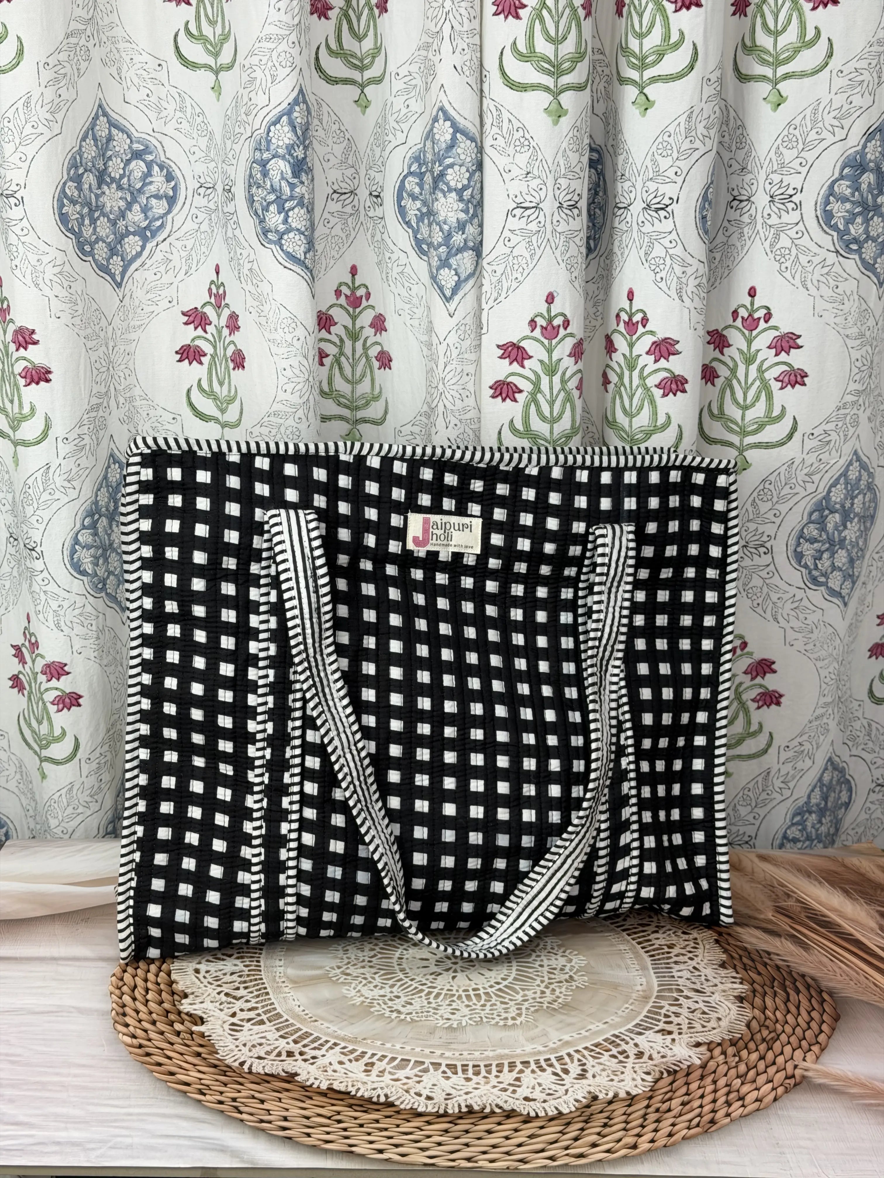 Jaipur Block Print Cotton Quilted Everyday Tote Bag - Black and White Check Geometric Print Front View