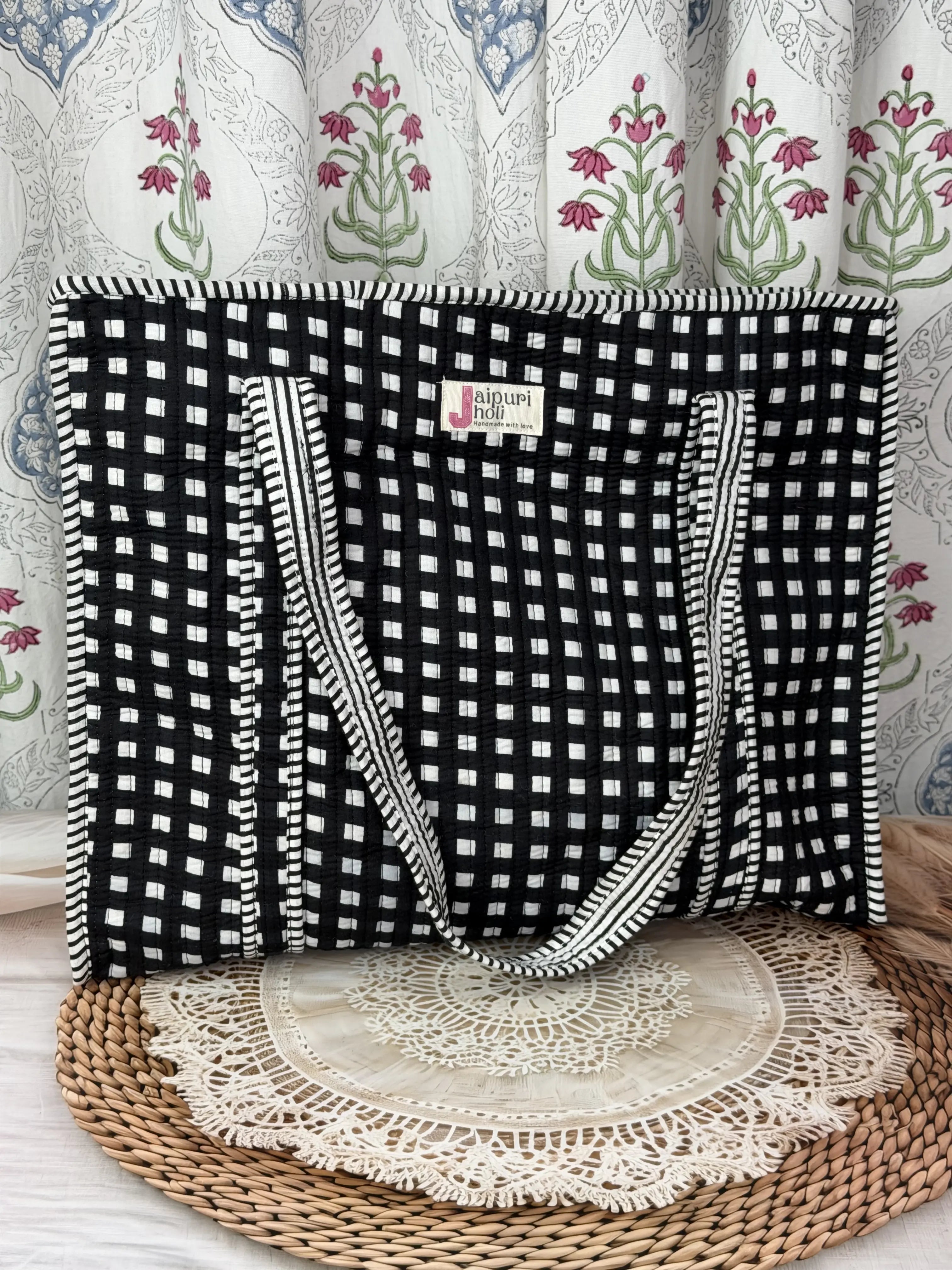 Jaipur Block Print Cotton Quilted Everyday Tote Bag - Black and White Check Geometric Print Front View