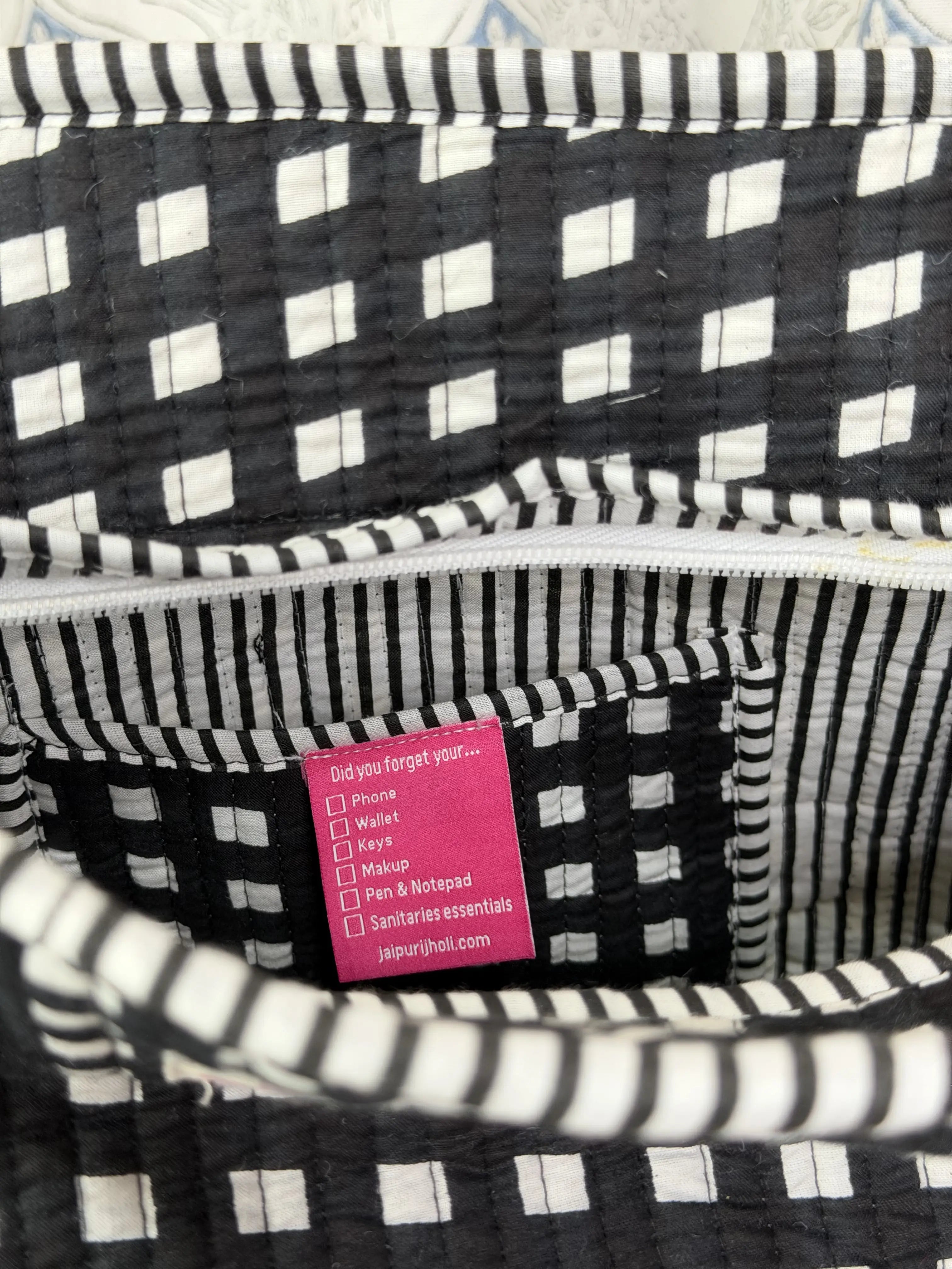 Jaipur Block Print Cotton Quilted Everyday Tote Bag - Black and White Check Geometric Print Close-Up View