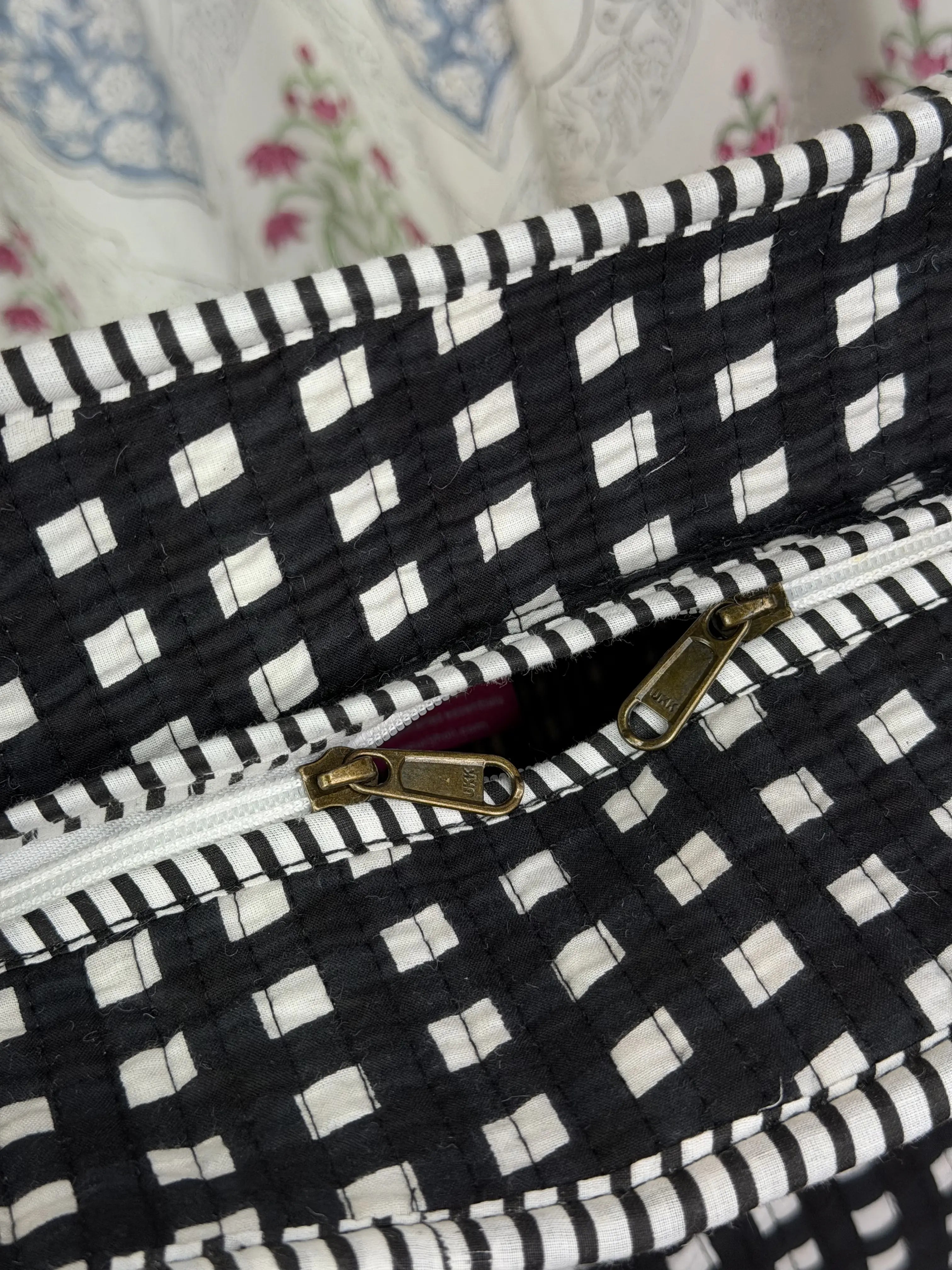 Jaipur Block Print Cotton Quilted Everyday Tote Bag - Black and White Check Geometric Print Interior View