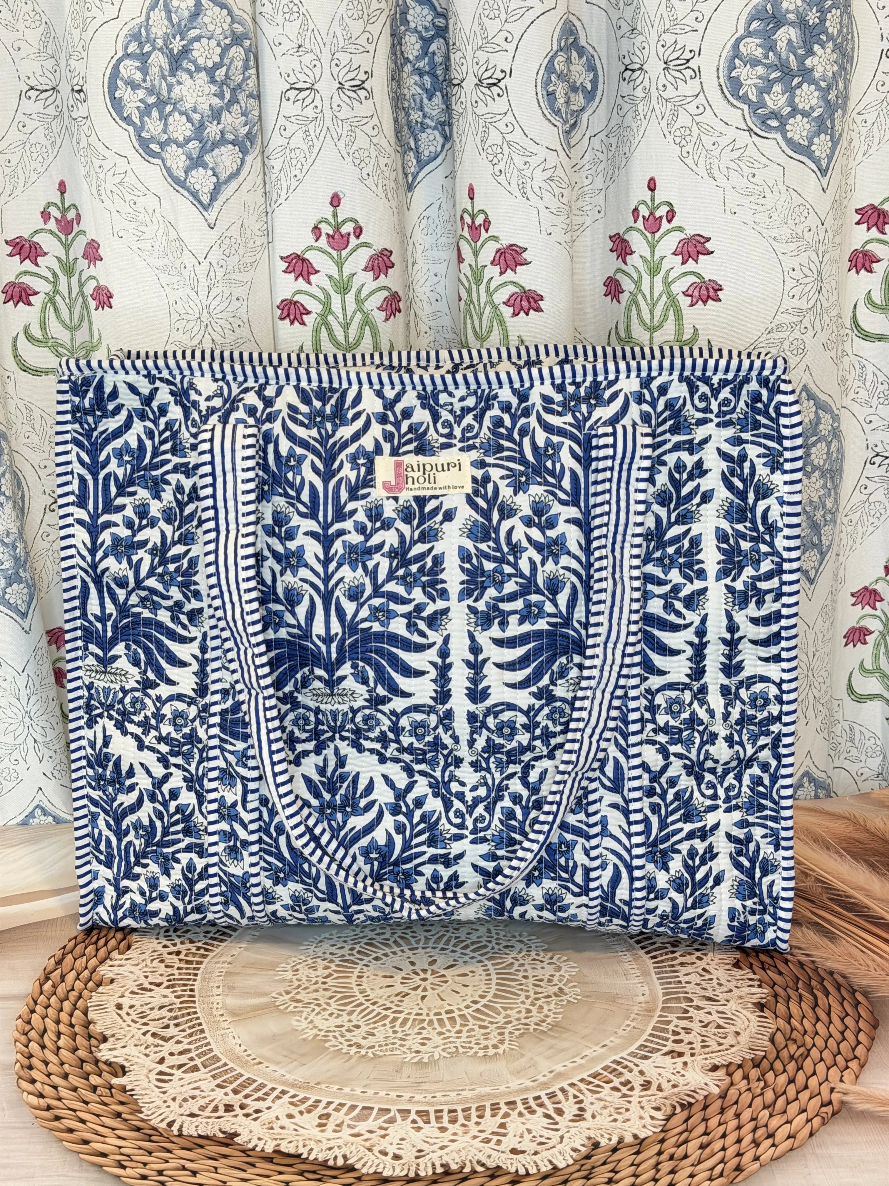 Jaipur Block Print Cotton Quilted Everyday Tote Bag - Blue Floral Leaves Print Front View