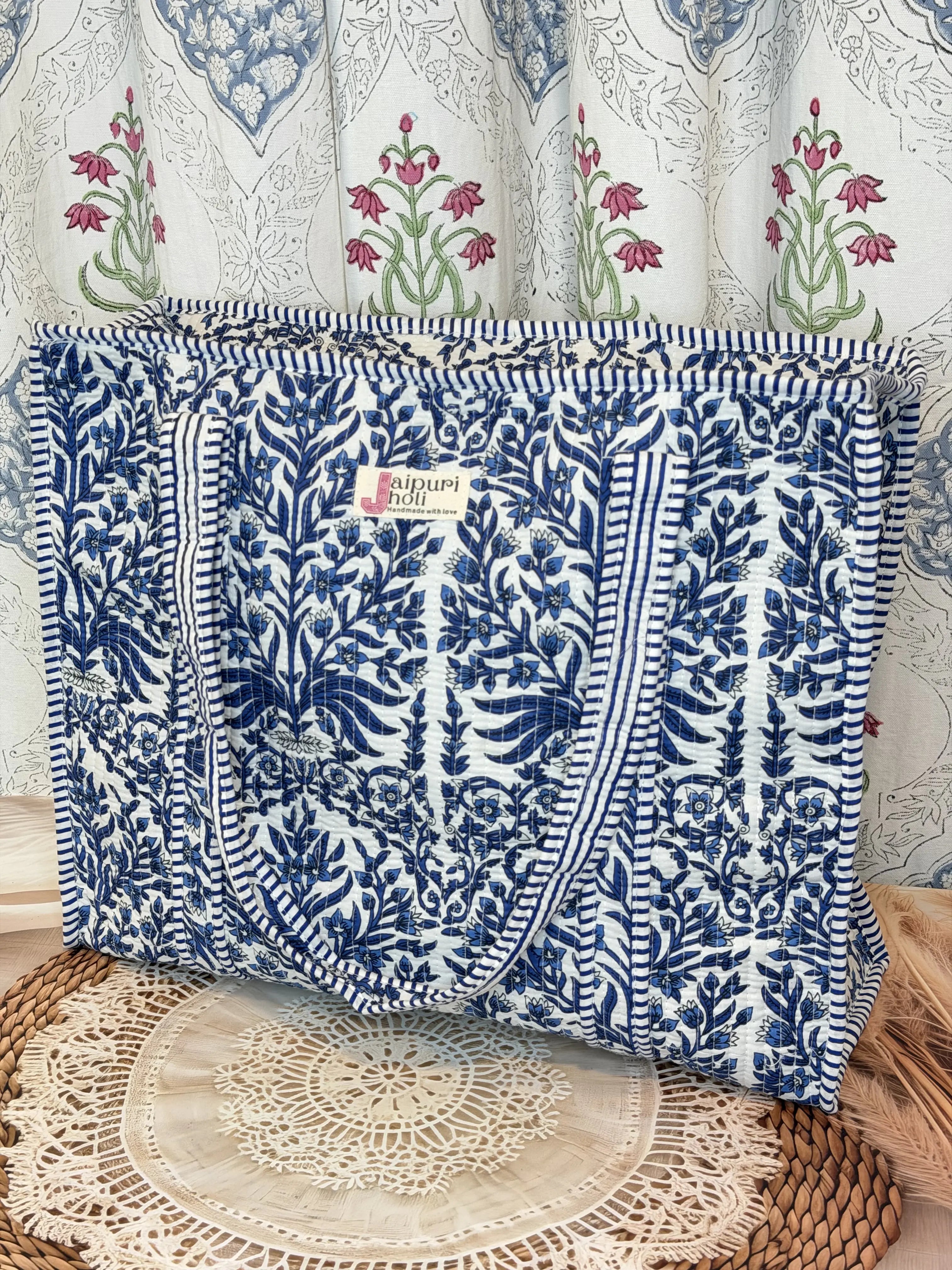 Jaipur Block Print Cotton Quilted Everyday Tote Bag - Blue Floral Leaves Print Side View