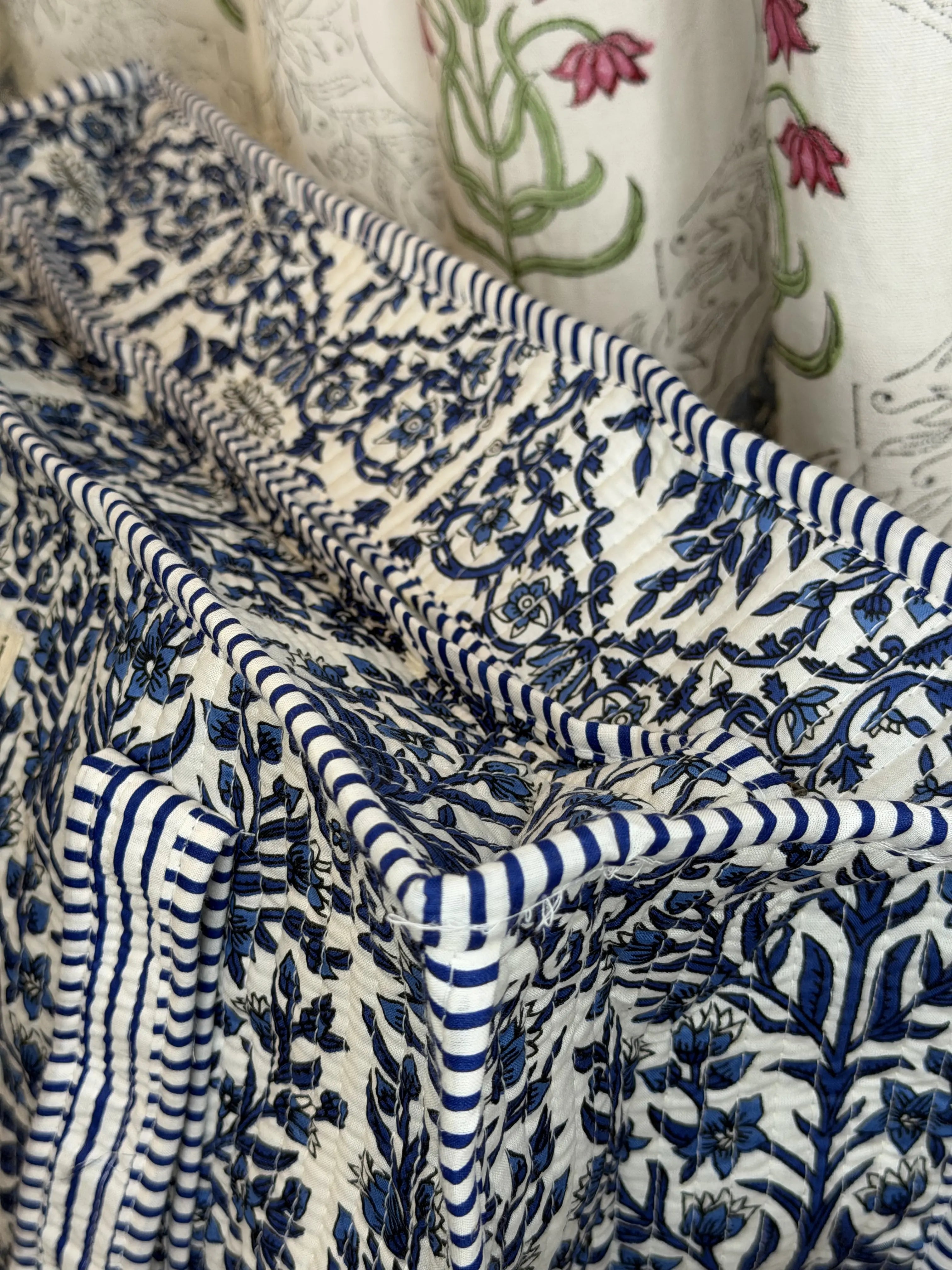 Jaipur Block Print Cotton Quilted Everyday Tote Bag - Blue Floral Leaves Print Close-Up View
