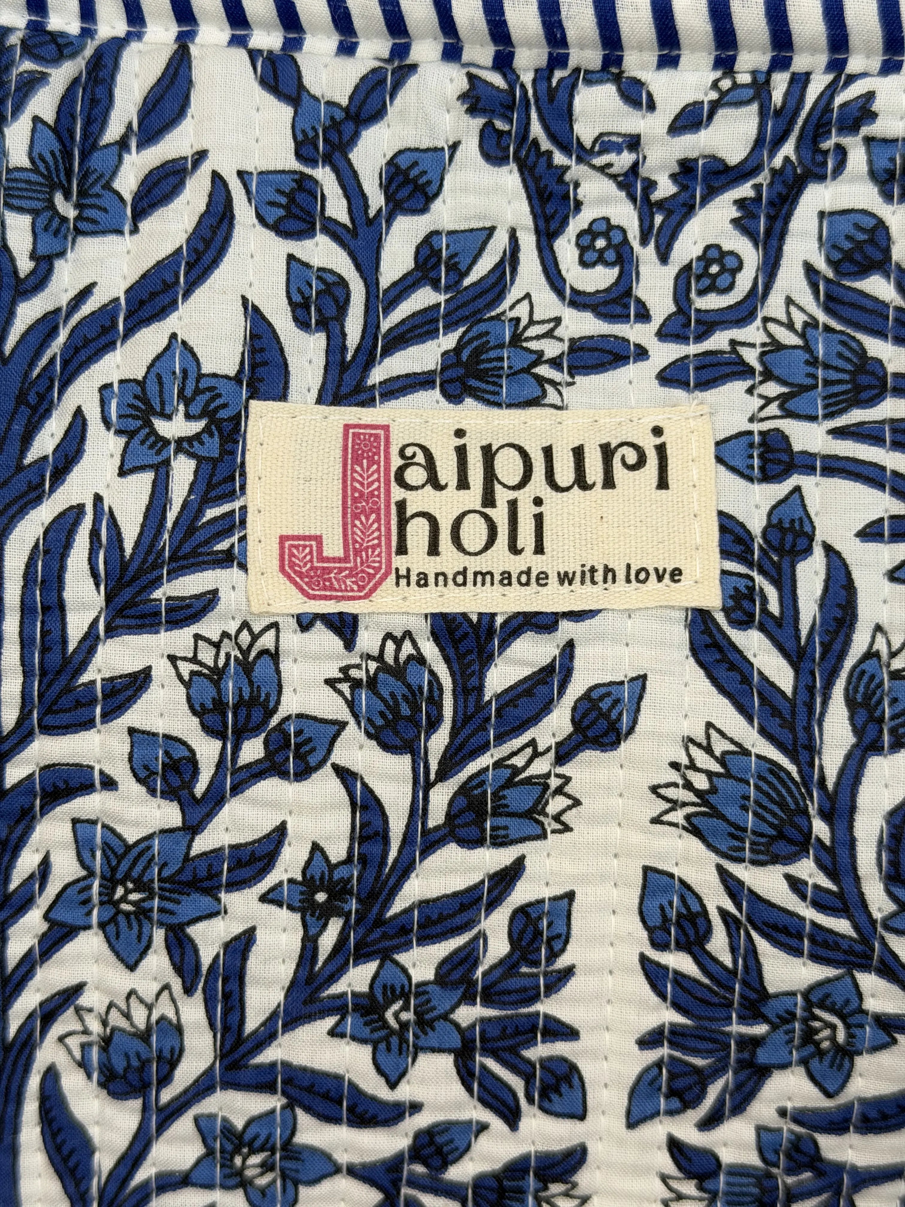 Jaipur Block Print Cotton Quilted Everyday Tote Bag - Blue Floral Leaves Print Close-Up View
