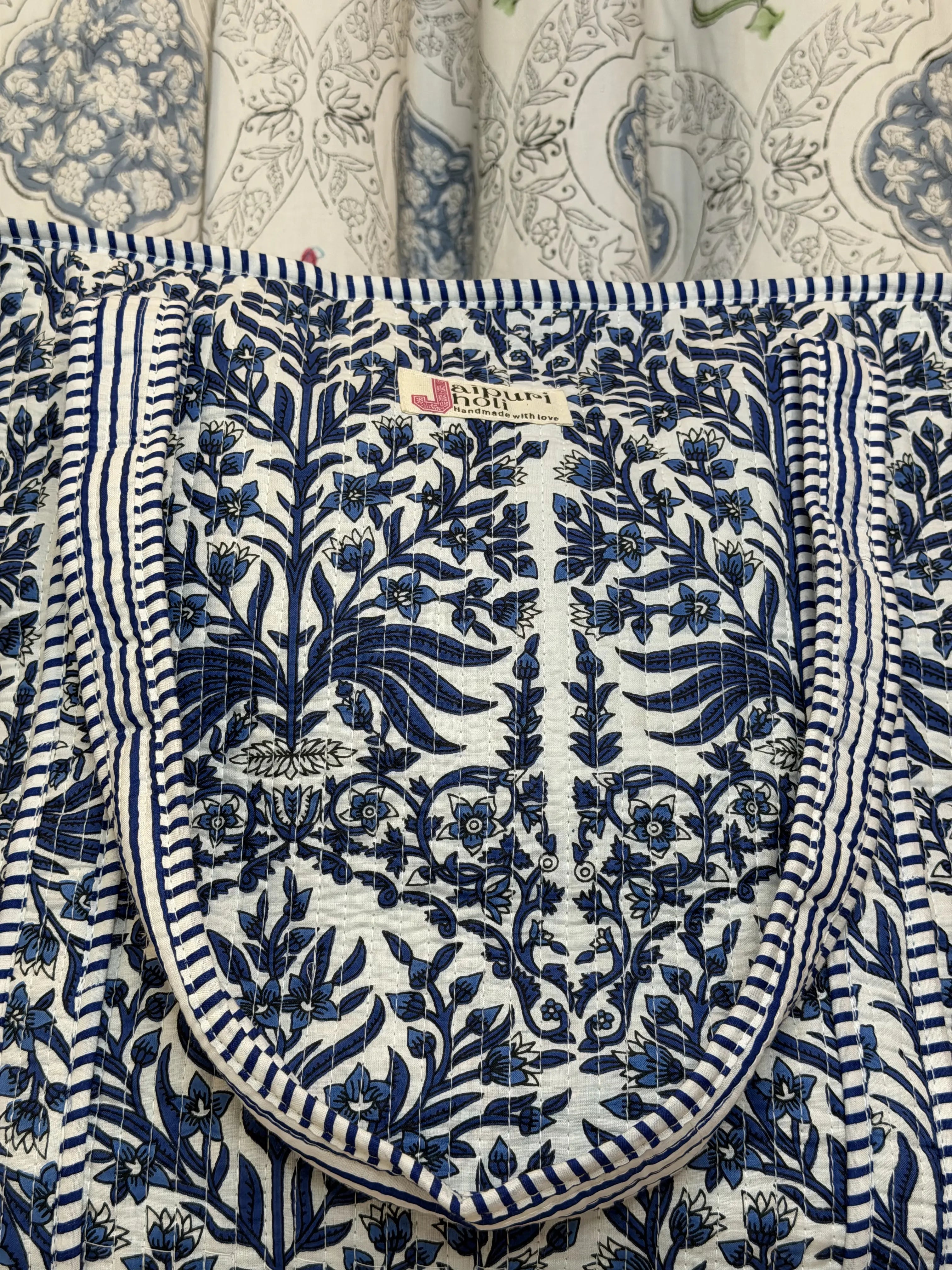 Jaipur Block Print Cotton Quilted Everyday Tote Bag - Blue Floral Leaves Print Back View