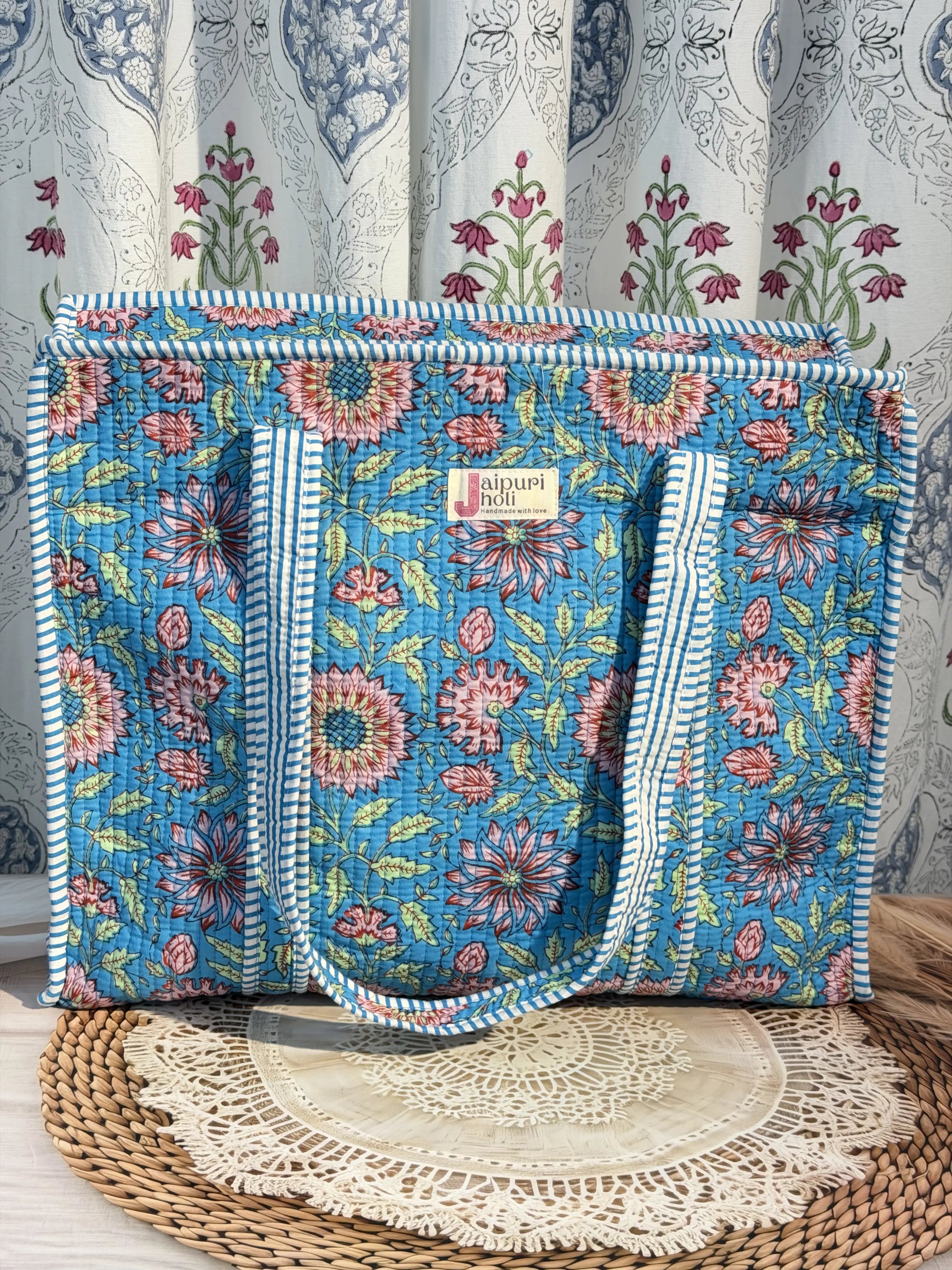 Jaipur Block Print Cotton Quilted Everyday Tote Bag - Blue Floral Print Front View