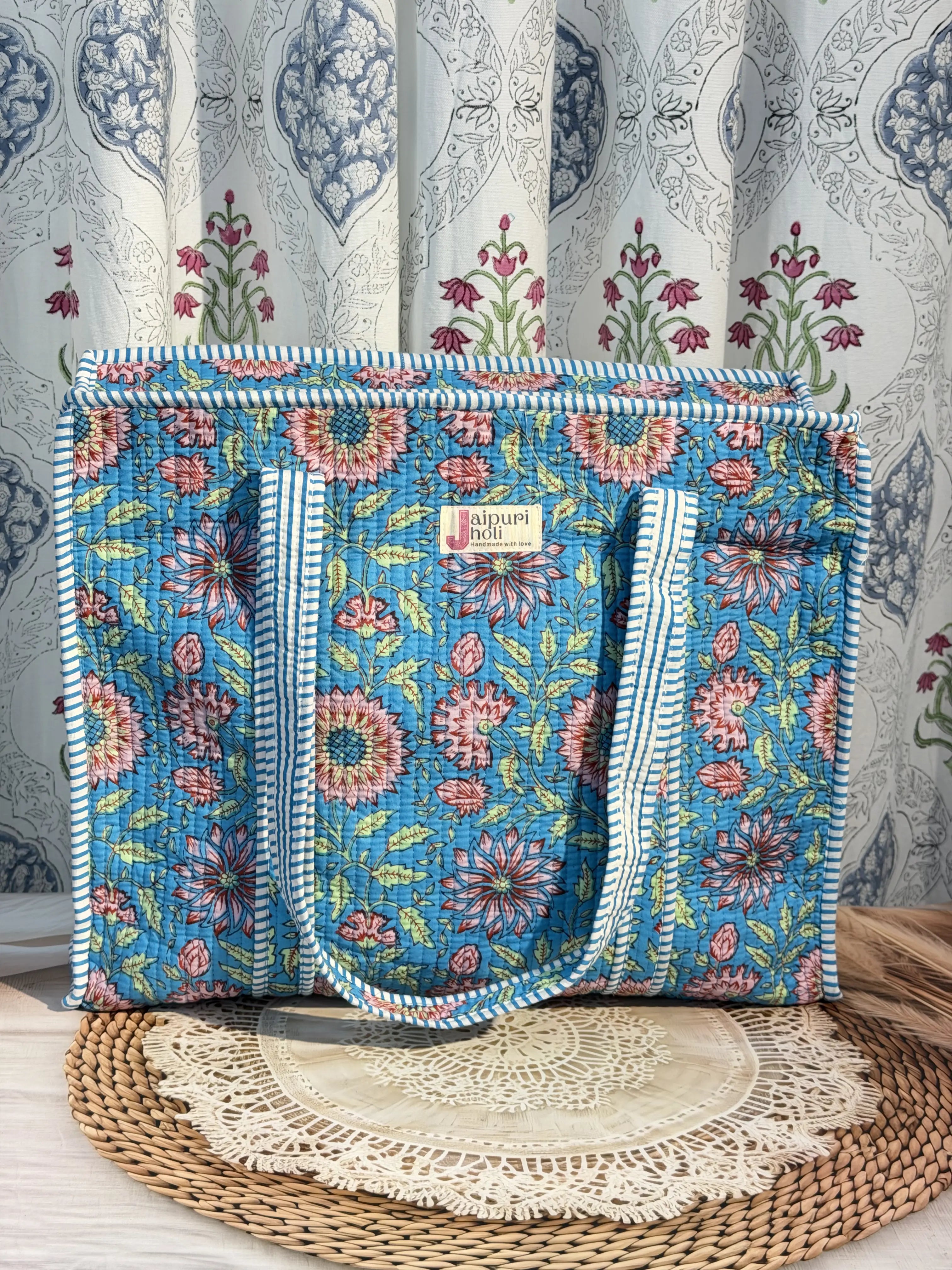 Jaipur Block Print Cotton Quilted Everyday Tote Bag - Blue Floral Print Front View