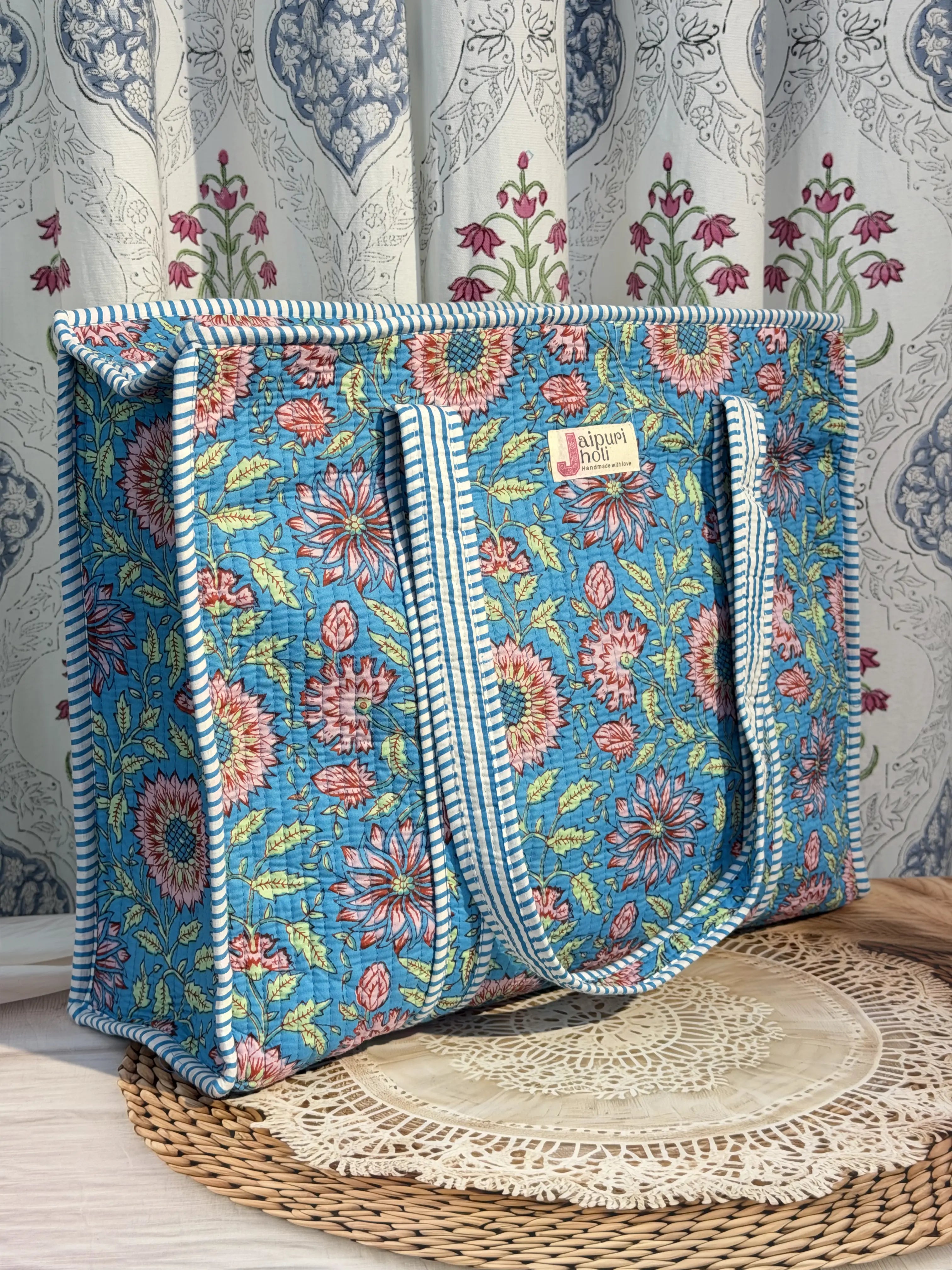 Jaipur Block Print Cotton Quilted Everyday Tote Bag - Blue Floral Print Side View